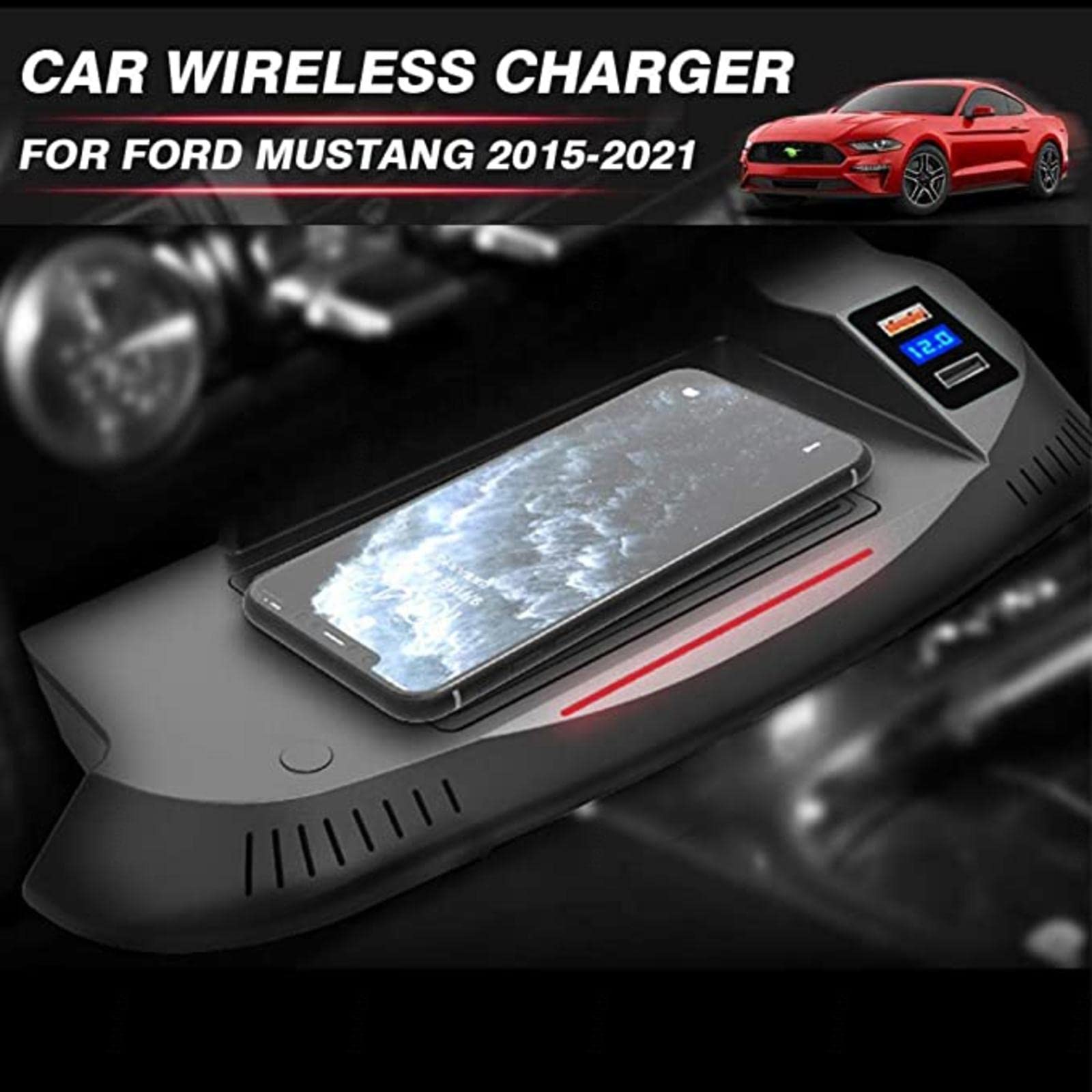 XLARSH Wireless Car Charger for f-or d Mustang 2015 2016 2017 2018 2019 2020 Centre Console Accessory Panel, 15W Quick Charger with QC3.0 USB Port for All Qi Phone