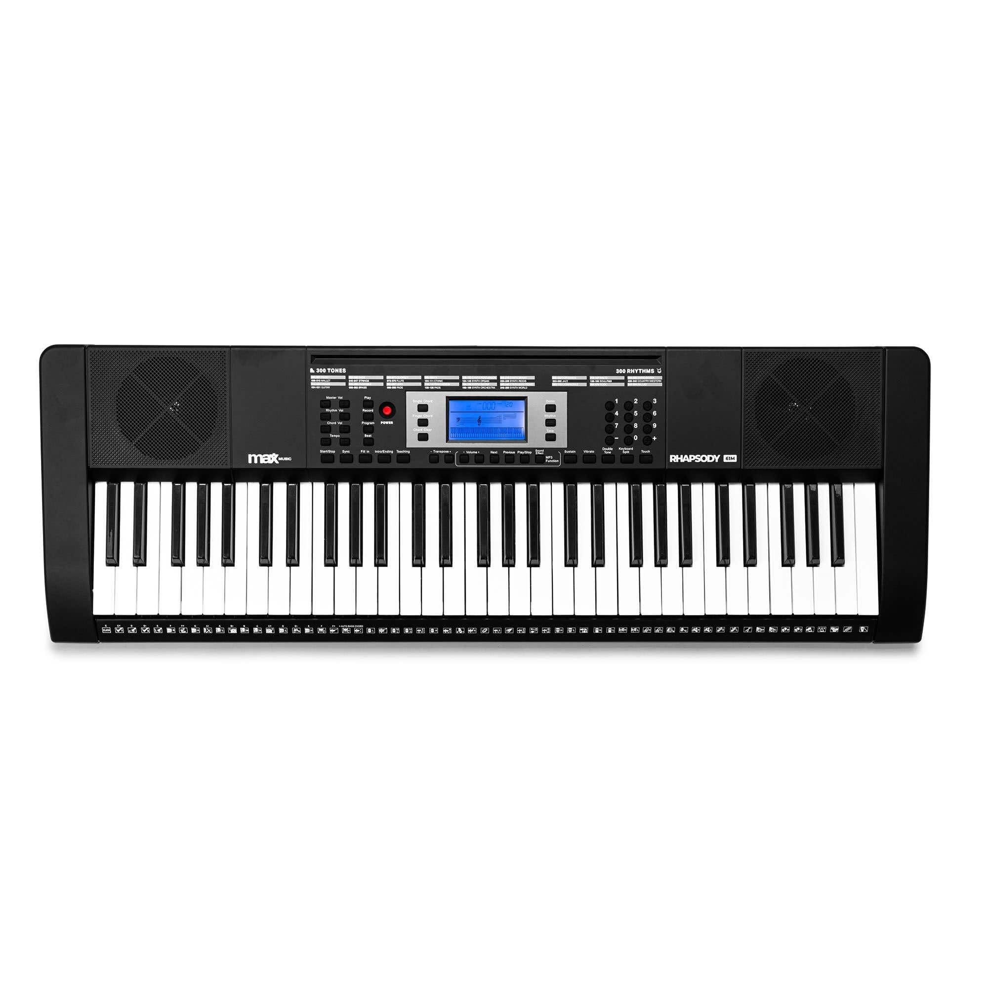 MAX Rhapsody61M Teclado Piano eléctrico de 61 teclas, con auriculares, soporte para teclado y banqueta, 600 sonidos, respuesta táctil, MP3 USB, pantalla, función de aprendizaje, MIDI y AUX