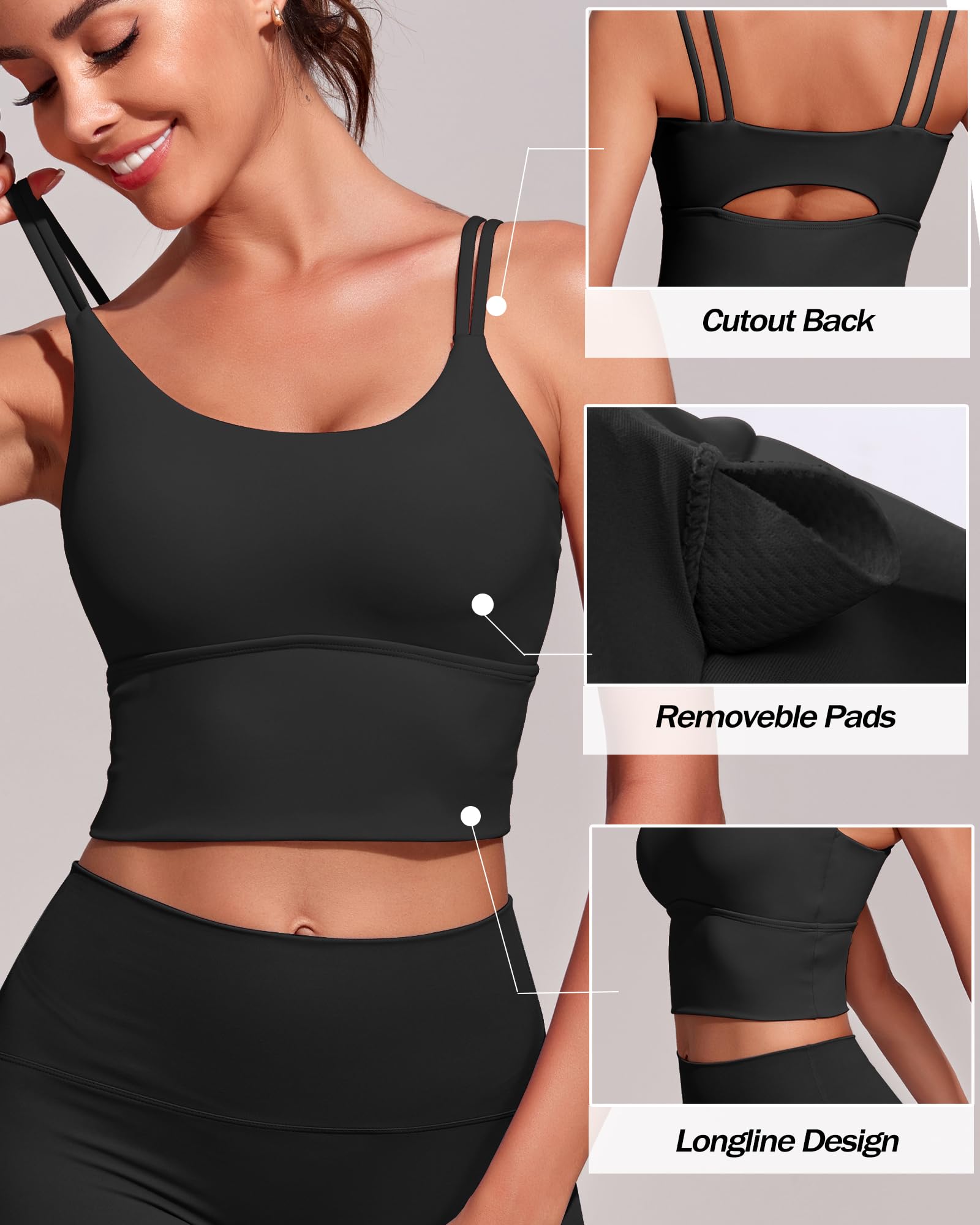 Everrysea Sujetadores Deportivos para Mujer, de Alto Soporte, para Entrenamiento, sin Mangas, con Tirantes Integrados, para Yoga, ombliguera Acolchada, Negro, Small