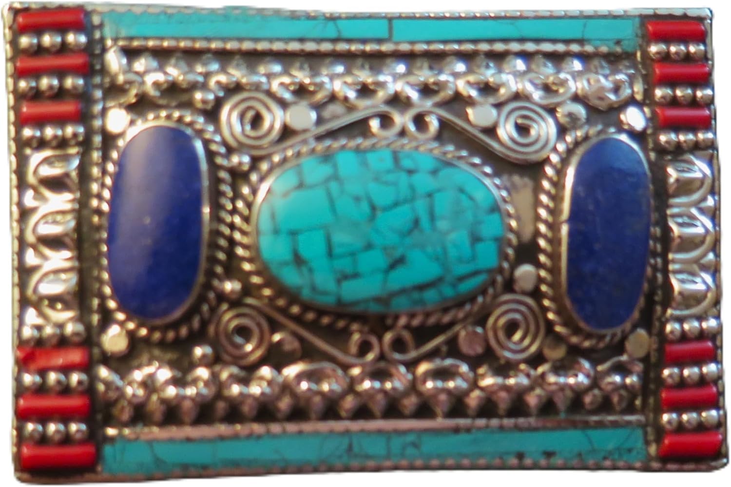 Rectangle Design Belt Buckle Inlaid Turquoise Coral Lapis Stones German Silver Buckle Size: 3 1/8 inches by 2 1/8 inches