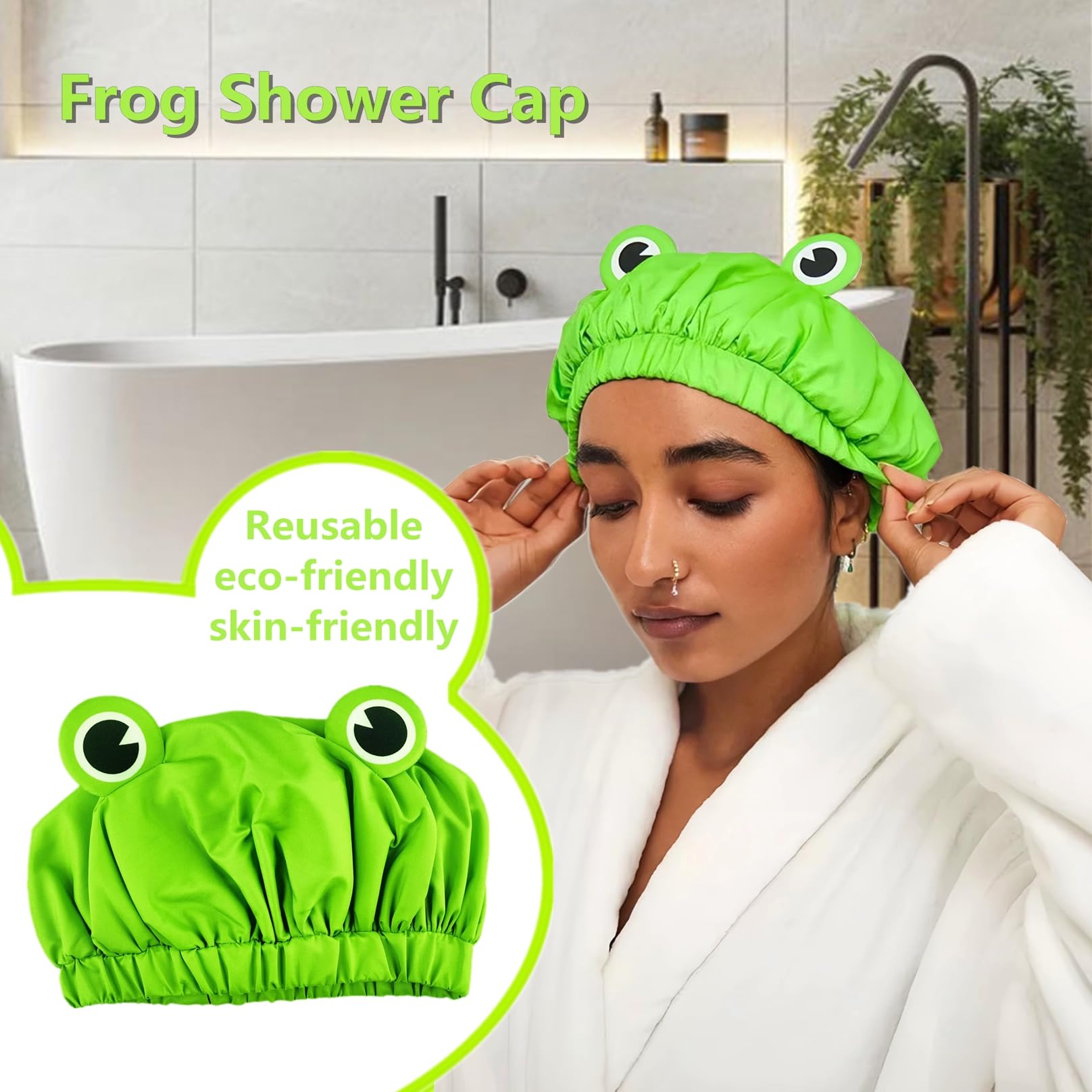 Duschhaube, wasserdicht, wiederverwendbar, doppellagig, Badekappe, elastisches Band, Haarkappe, grüner Frosch, Duschhaube für Damen, Spa-Salon