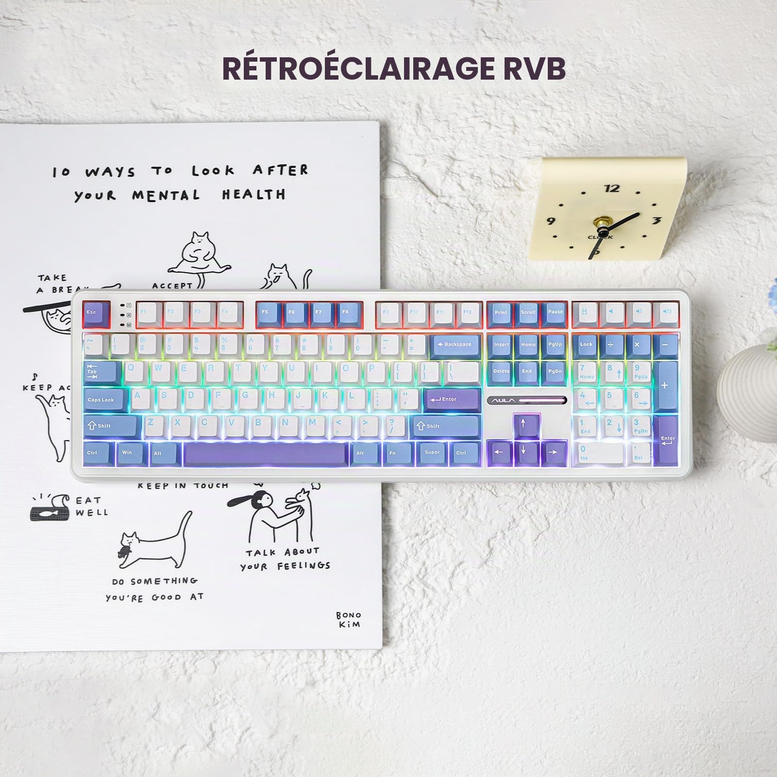 EPOMAKER Aula F108 Clavier Mécanique de Jeu sans Fil, 108 Touches, QWERTY us, Batterie 8000 mAh, Hot Swap et programmable, rétroéclairage RVB, pour Mac/PC (BlancViolet, GreywoodV3)