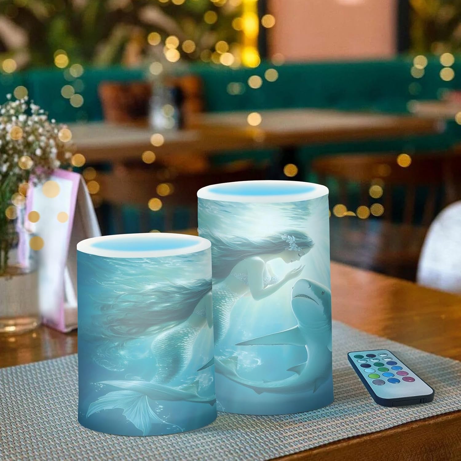 ALAZA Shark Mermaid Underwater World Flickering Flameless Candles Pillar Led Candles Battery Operated Candles with Remote and Timers Set of 2