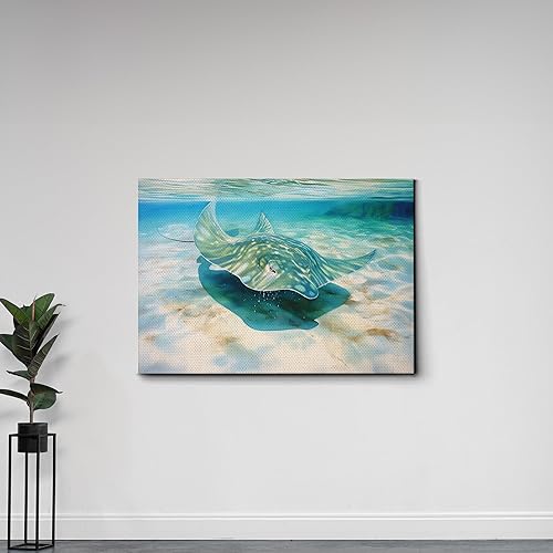 Miniatura 4 de Nautical Print on Canvas for Wall Decor, Ocean Fish Manta Ray Canvas Wall Art, Beach Print for Wall Hang, Turquoise Coastal Pictures Wall Decor,