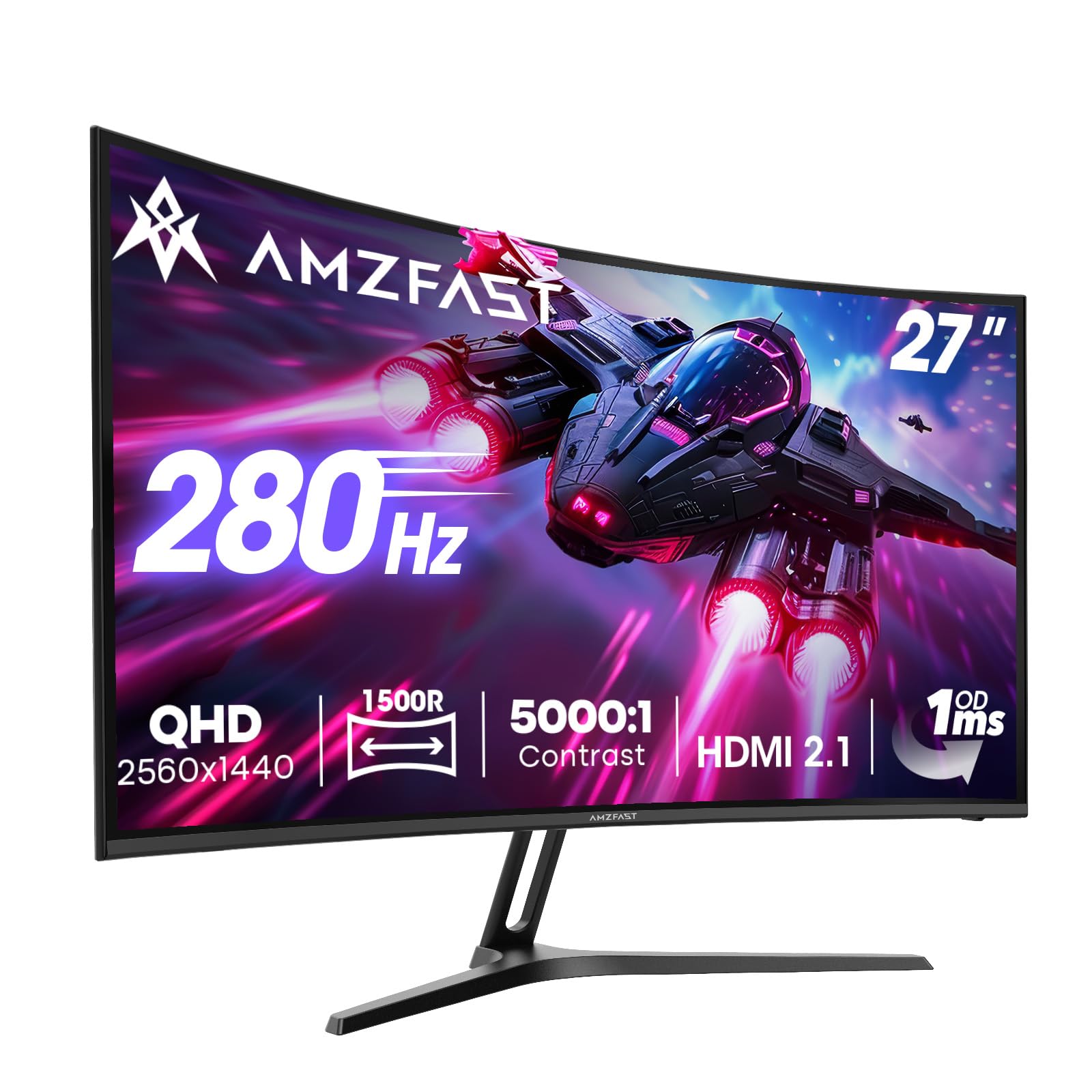 Amzfast Curved Gaming Monitor 27 Zoll - 280Hz, QHD 2560x1440, 1ms MPRT, Adaptive Sync, 1500R, HDR400, 96% DCI-P3, HDMI 2.1x2, DP 1.4x1, VESA 100x100, Blaulichtfilter, AMZG27C1Q Pro