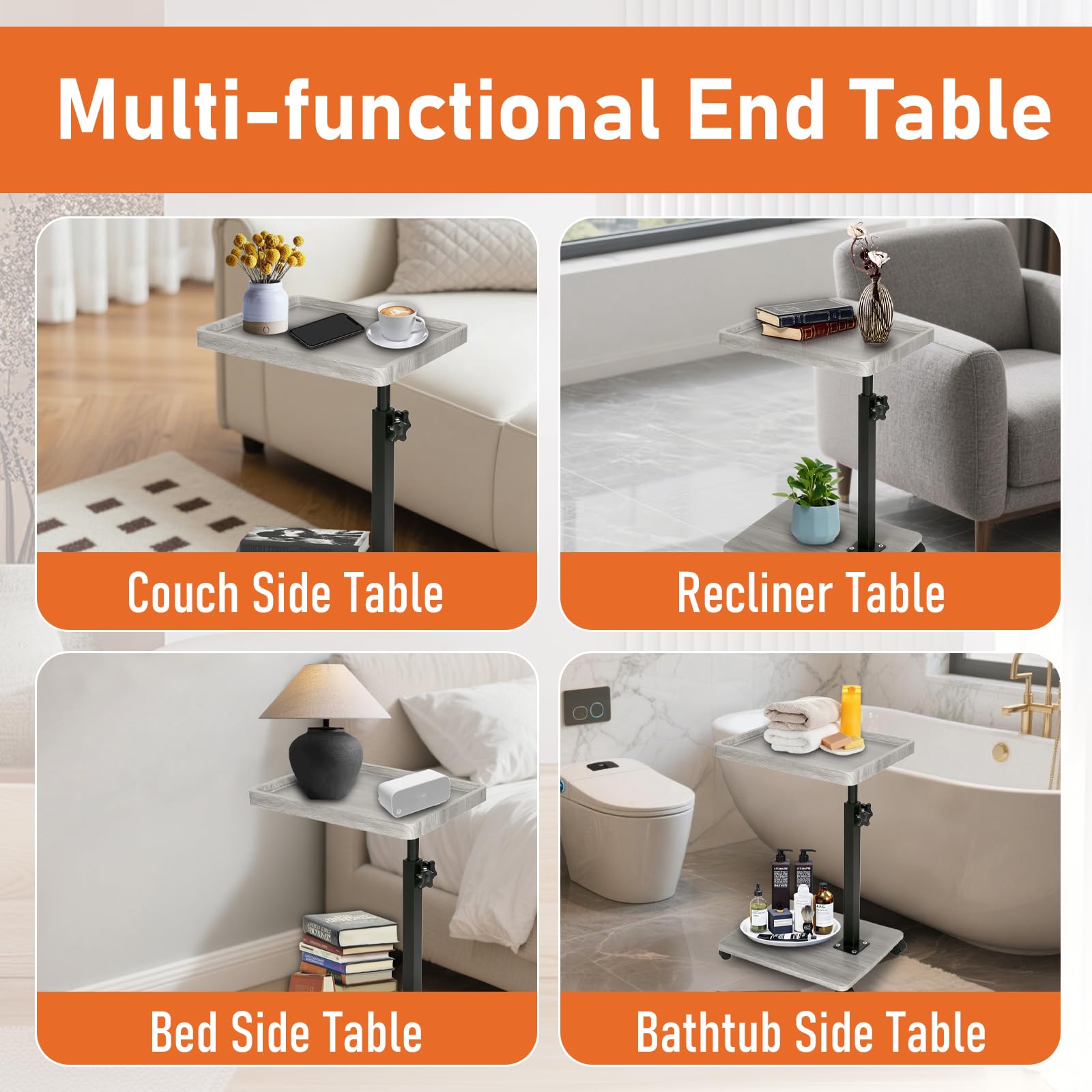 Simcat Mesa auxiliar en forma de C, mesa auxiliar giratoria de 360 grados de altura ajustable, mesa de bandeja para reposabrazos de sofá, mesa auxiliar para cama o silla con ranura para teléfono y