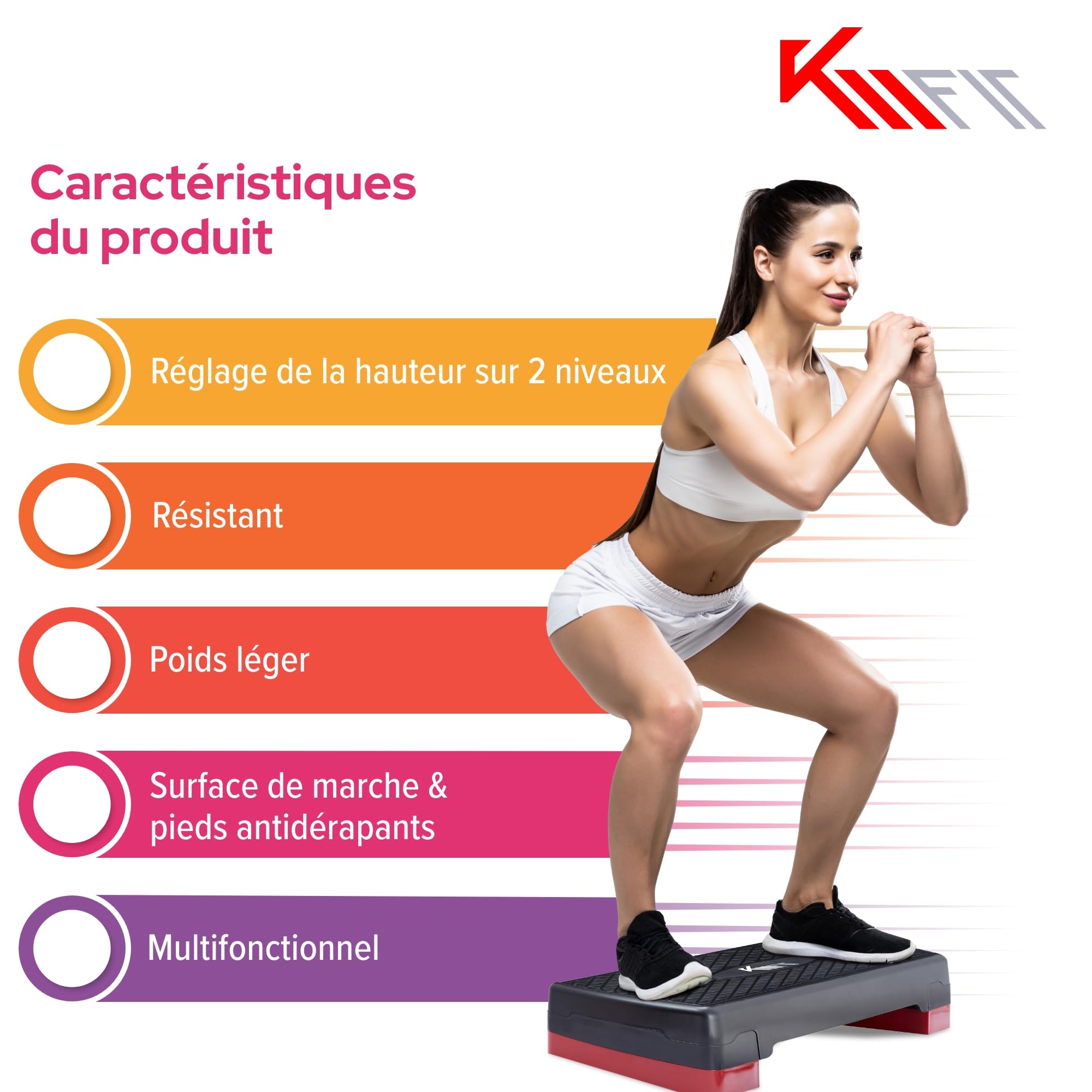KM-Fit Stepper de Fitness | Plateau de Step Aerobic pour la maison | Step-Bench à 2 hauteurs réglables | Capacité jusqu’à 200 kg | Stepper de gymnastique pour la maison avec tapis antidérapant | Banc