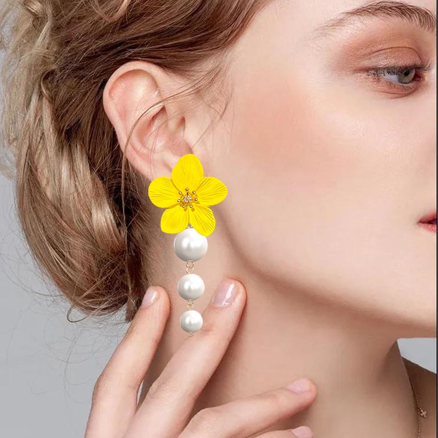 Floral Pearl Statement Earrings For Women Flower Large Stud Dangle Drop Earrings Boho - Image 4