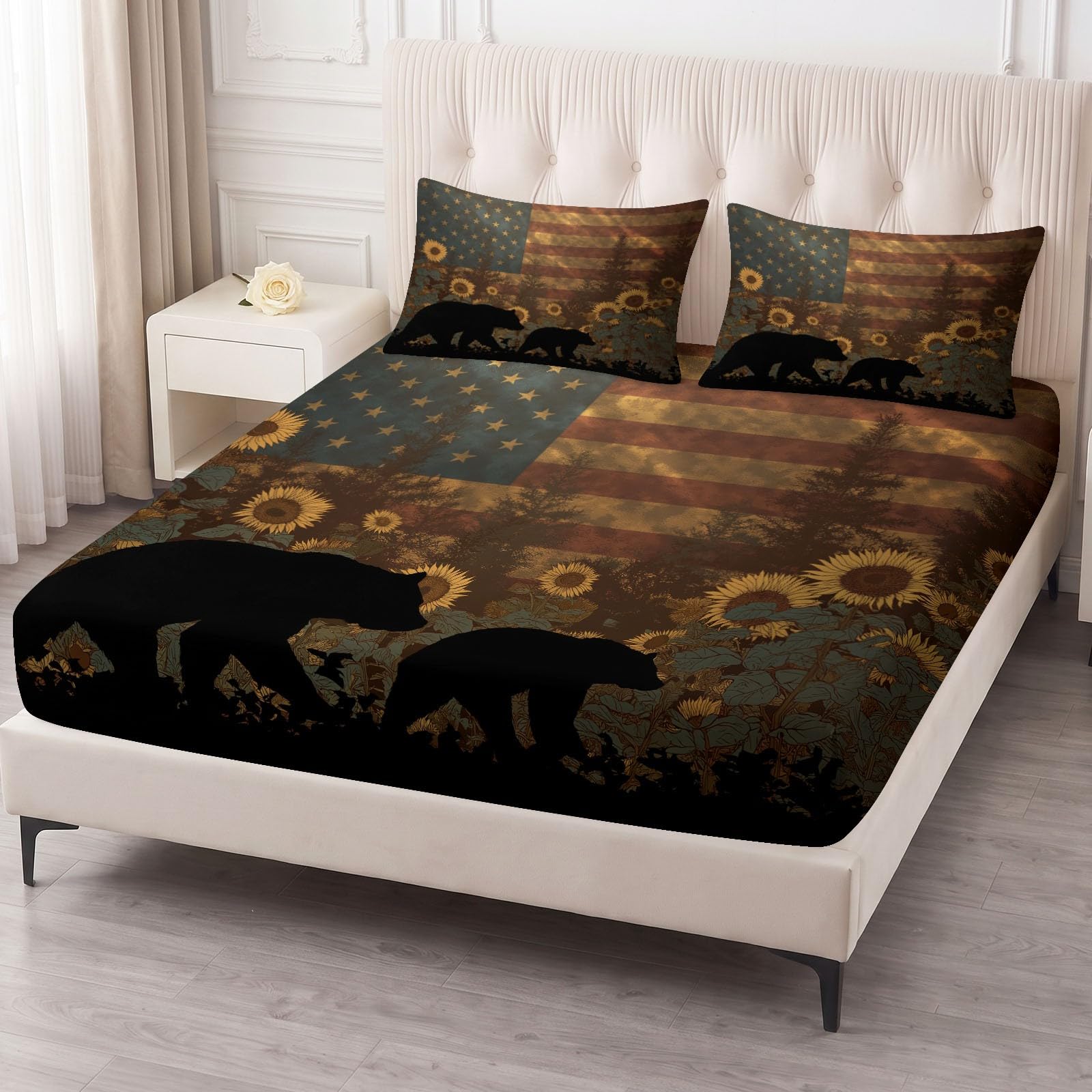 Lenzuolo con angoli patriottico rustico con bandiera degli Stati Uniti, girasole, morbida microfibra, super king 180 x 200 cm, antiscivolo, facile da pulire, per tutte le stagioni, traspirante