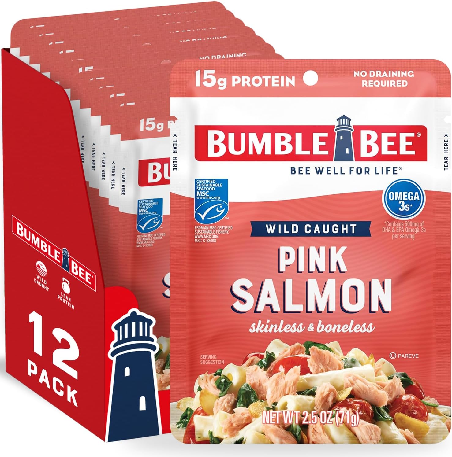 Bumble Bee Skinless & Boneless Pink Salmon, 2.5 oz Pouch (Pack of 12) - Premium Wild Caught Salmon - 15g Protein per Serving, High in Omega-3s - MSC Certified Sustainable Seafood, Gluten Free, Kosher