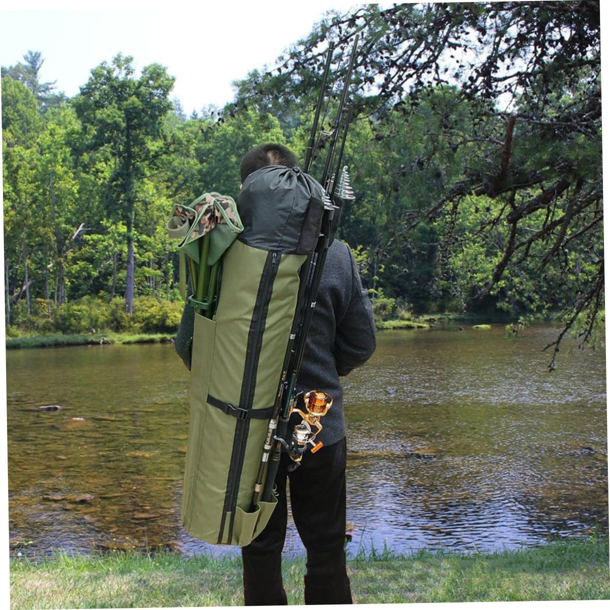 POPETPOP Cylindrical Fishing Rod Bag Lightweight Outdoor Fishing Gear Organizer Large Capacity Storage Pouch Multi-pockets