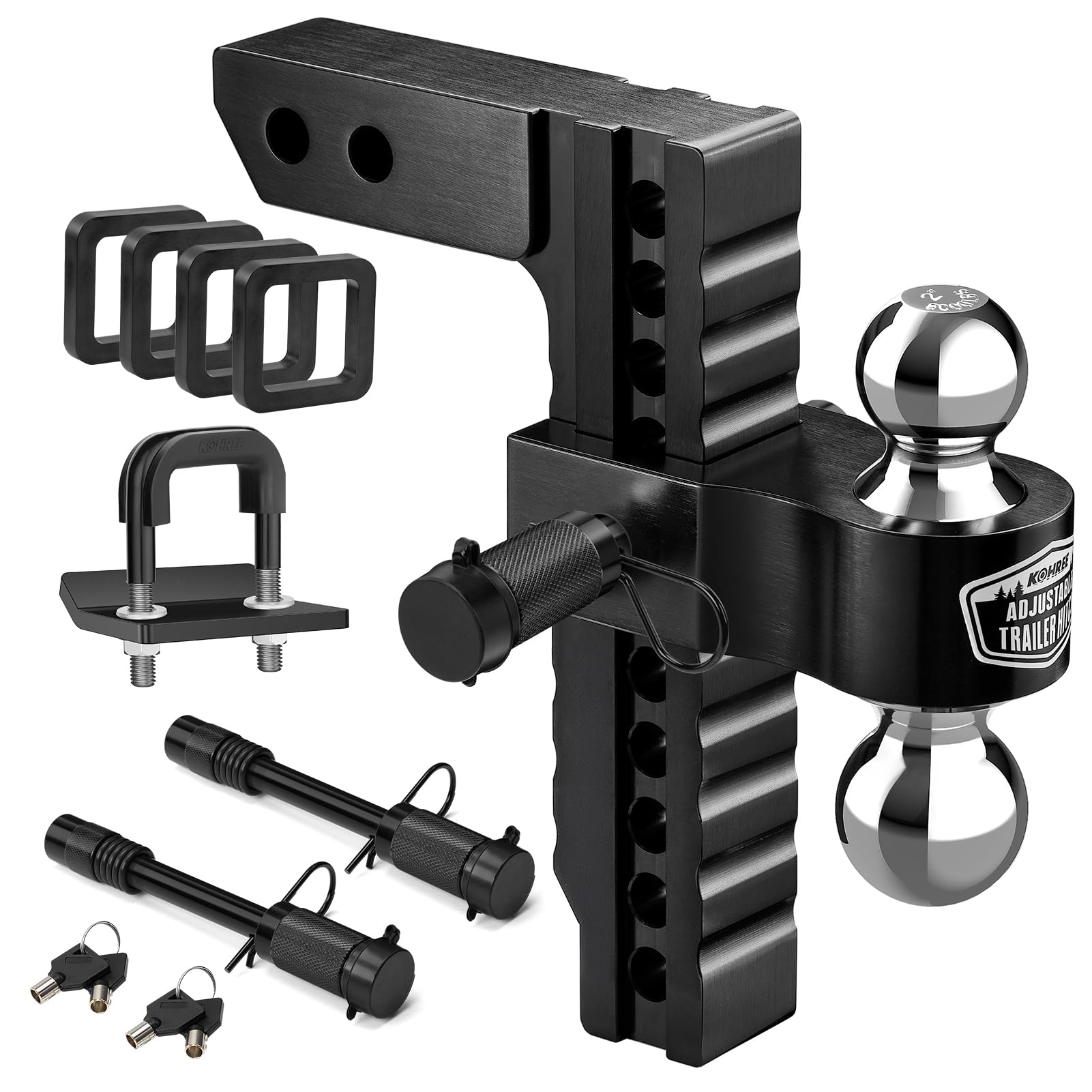 Kohree 10 Adjustable Trailer Hitch with Anti Rattle Hitch Clamp Fit 2 Inch Receiver, Dual Ball 2 and 2-51612500 LBS GTW, Drop Rise Heavy Duty Aluminum Tow Hitch with 2 Locking Hitch Pin