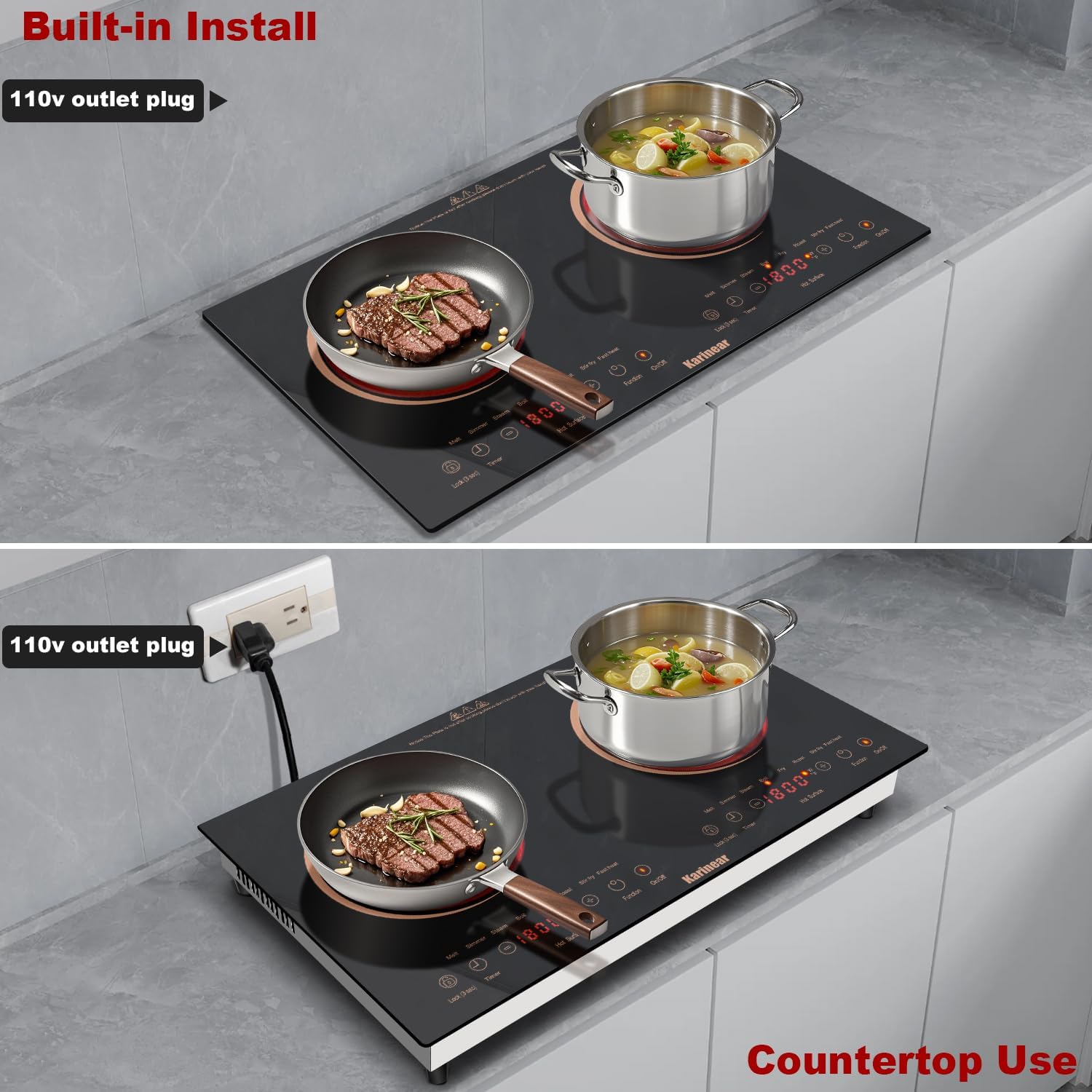 Comparison image showing the cooktop installed as built-in and used as a countertop unit