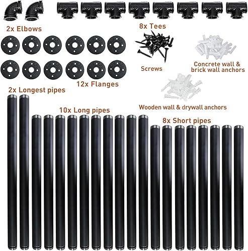 Miniatura 9 de HITOMEN Estantes industriales de tubos de hierro, 3 juegos de 5 niveles, 70 pulgadas de alto, 12 pulgadas de profundidad, estantería abierta de