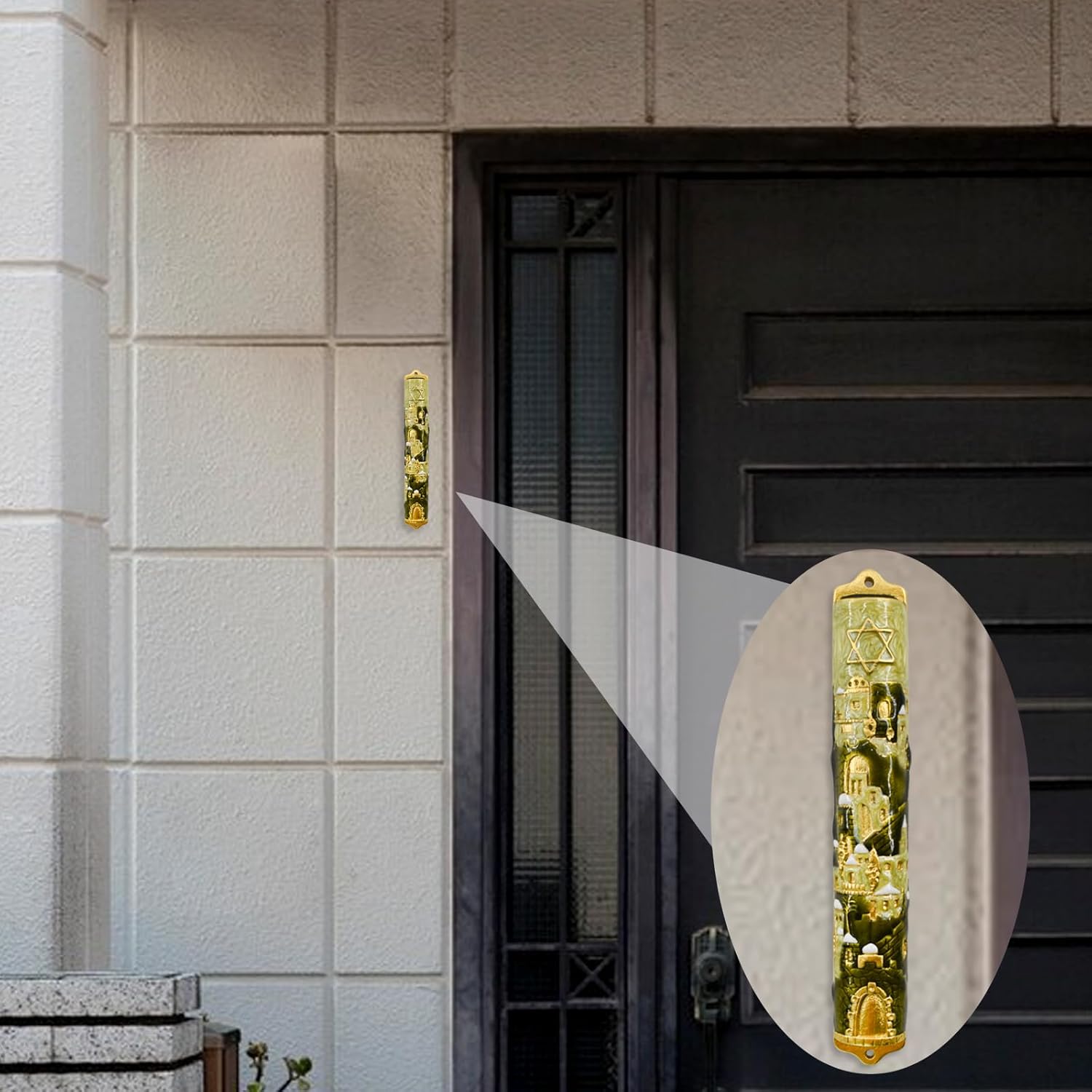 MrMrKura Mezuzah with Scroll for Door, Enamel&Zinc Alloy Blessing Mezuzah Case for Door, Colored Painted Mezuzha Scroll Kosher for Jewish Gifts/Jewish Decor, Christmas (Gold, 5.78 * 0.86 in)