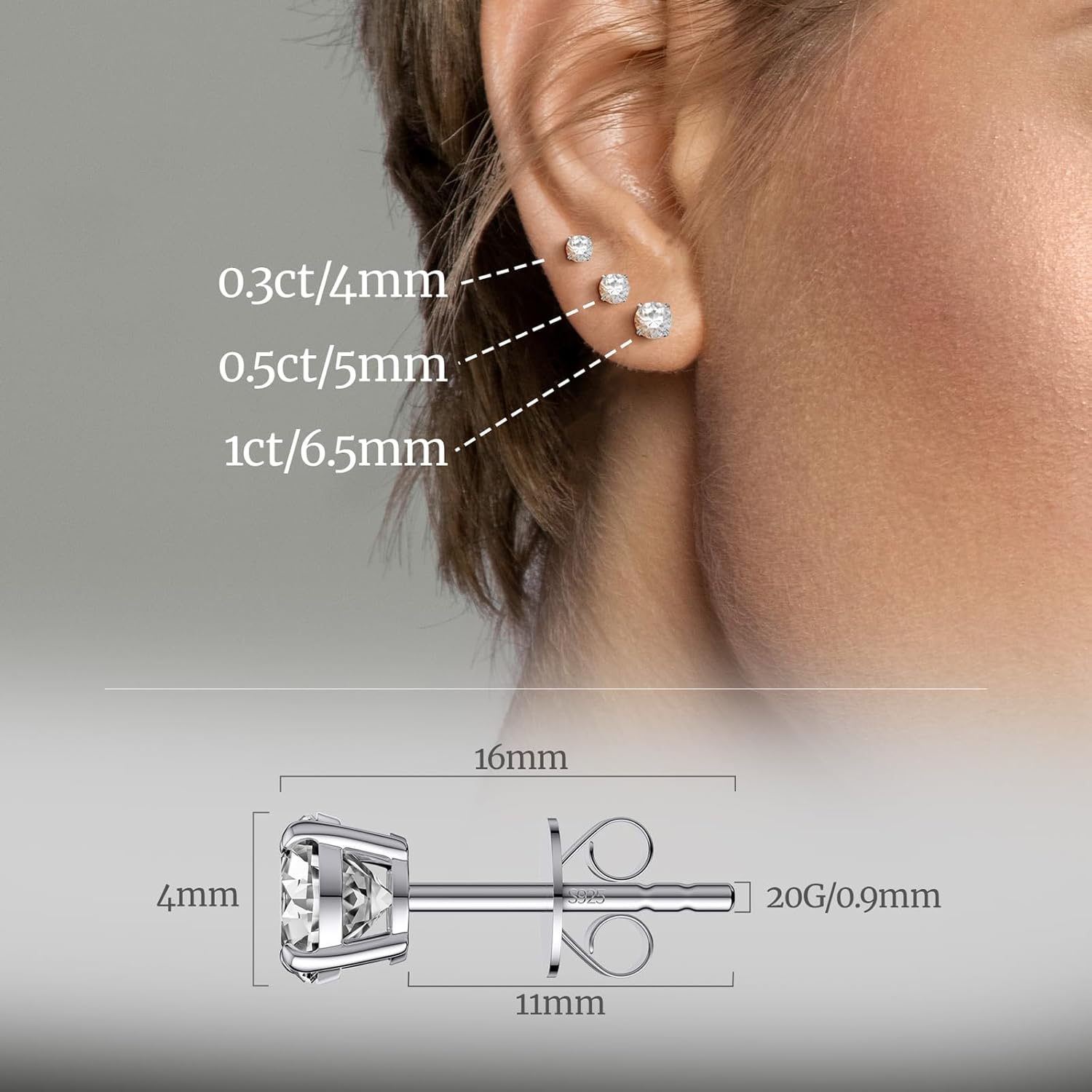 Moissanite Earrings, Diamond Stud Earrings for Women 1-3 CT 18K White Gold Plated/S925 Sterling Silver Earring for Men, Lab Grown Hypoallergenic Jewelry - Image 3