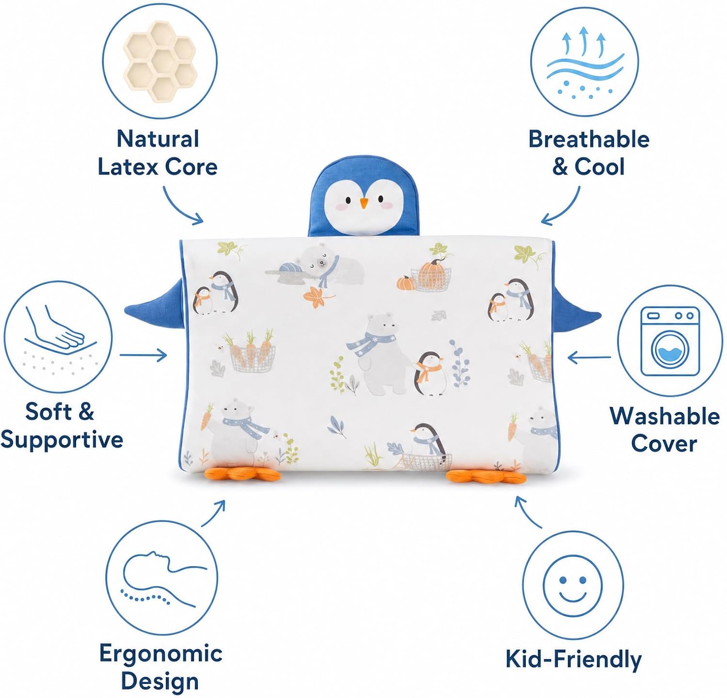gb Kids Natural Latex Pillow for Sleeping, Hypoallergenic Toddler Pillow with Breathable Design, Soft Neck Support, Bed Pillow for 3-6 Years Old Children, Removable Cotton Pillowcase, Penguin
