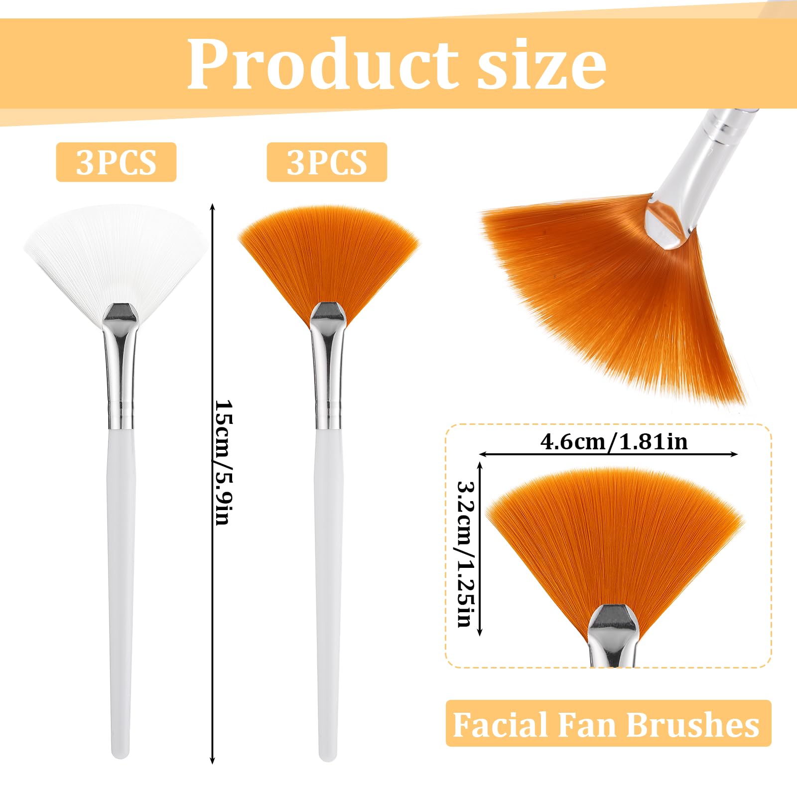 BOHUIZ 6 Pcs Fan Brushes for Facial, Soft Makeup Mask Acid Applicator Brush Face Mask Applicator, Flat Head Mask Applicator Esthetician Brush for Women Girls Mud Clay Mask Makeup Peel(White+Yellow)
