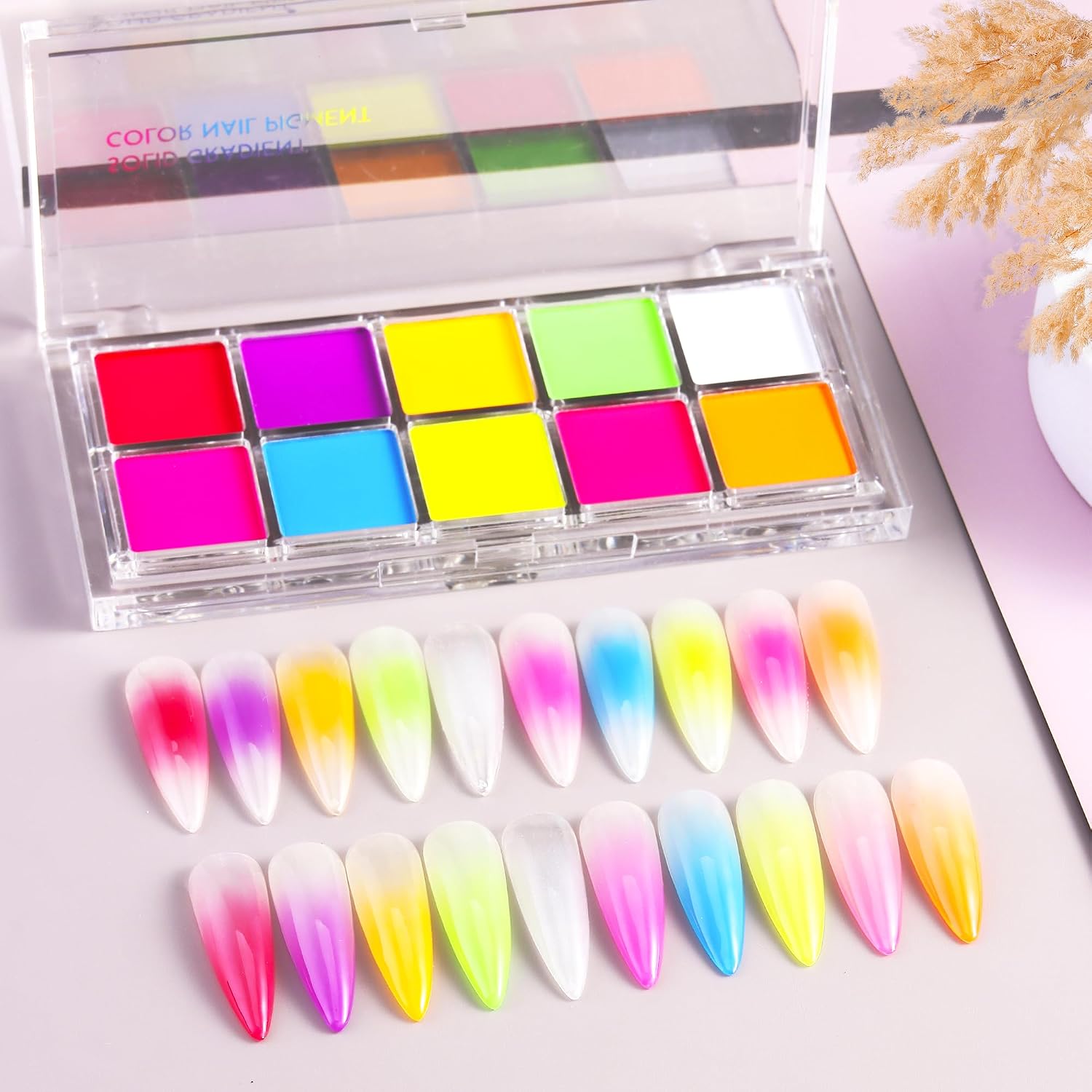 Neon Nail Pigment Set 10 Colors Ombre Nail Powder Solid Fluorescent Pigment Gradient Nail Design Extra Fine Glitter Summer Neon Nail Art Manicure Beginners - Includes 5 Sponge Sticks 1 Brush