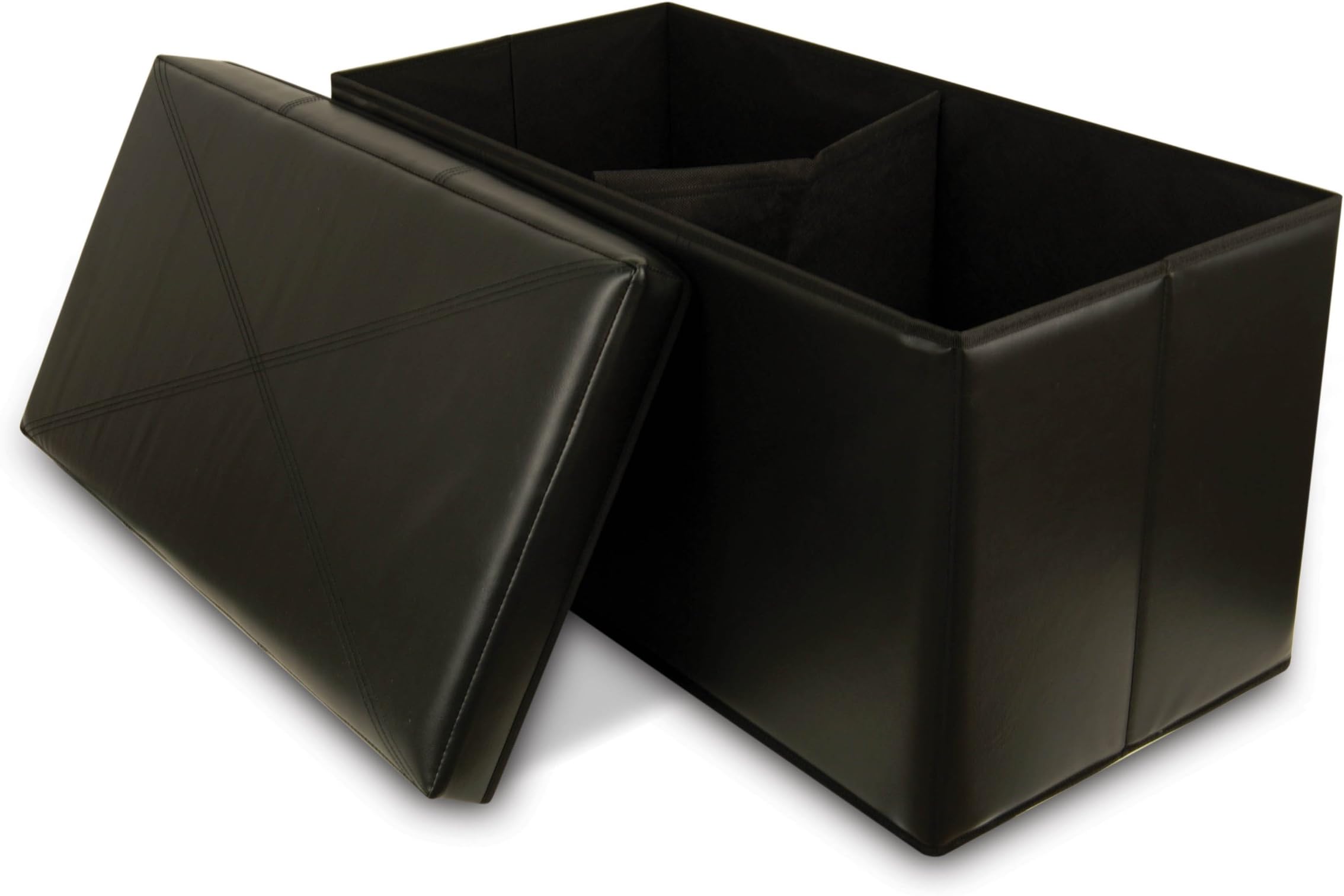 Collapsible Faux-Leather Storage Ottoman Bench, Black