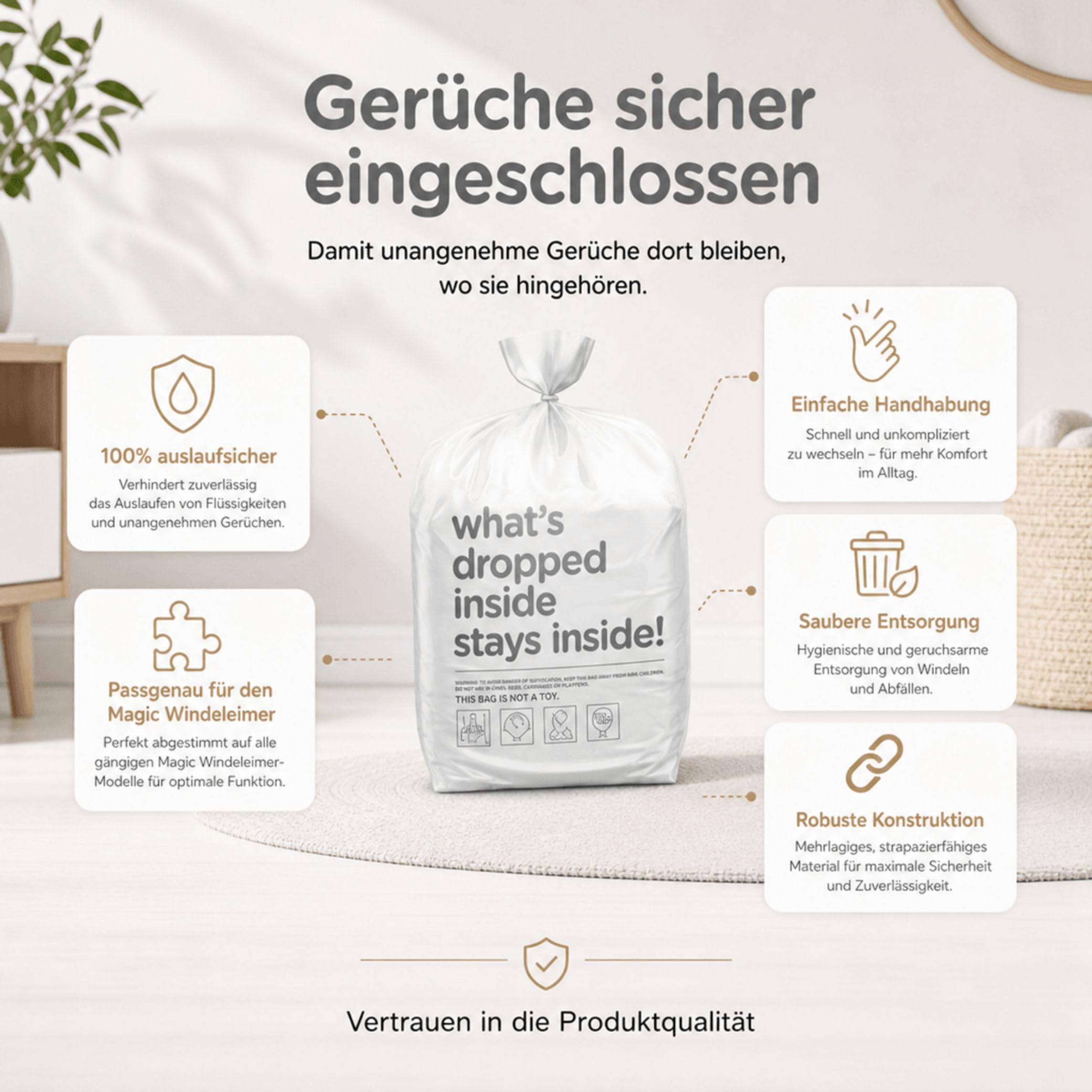 Magic Windeleimer Windeltüten Nachfüllpack - 15 extra starke, mehrlagig, geruchsdicht & 100% auslaufsicher - kompatibel mit vielen Windeleimern - inkl. Baumwoll-Windel