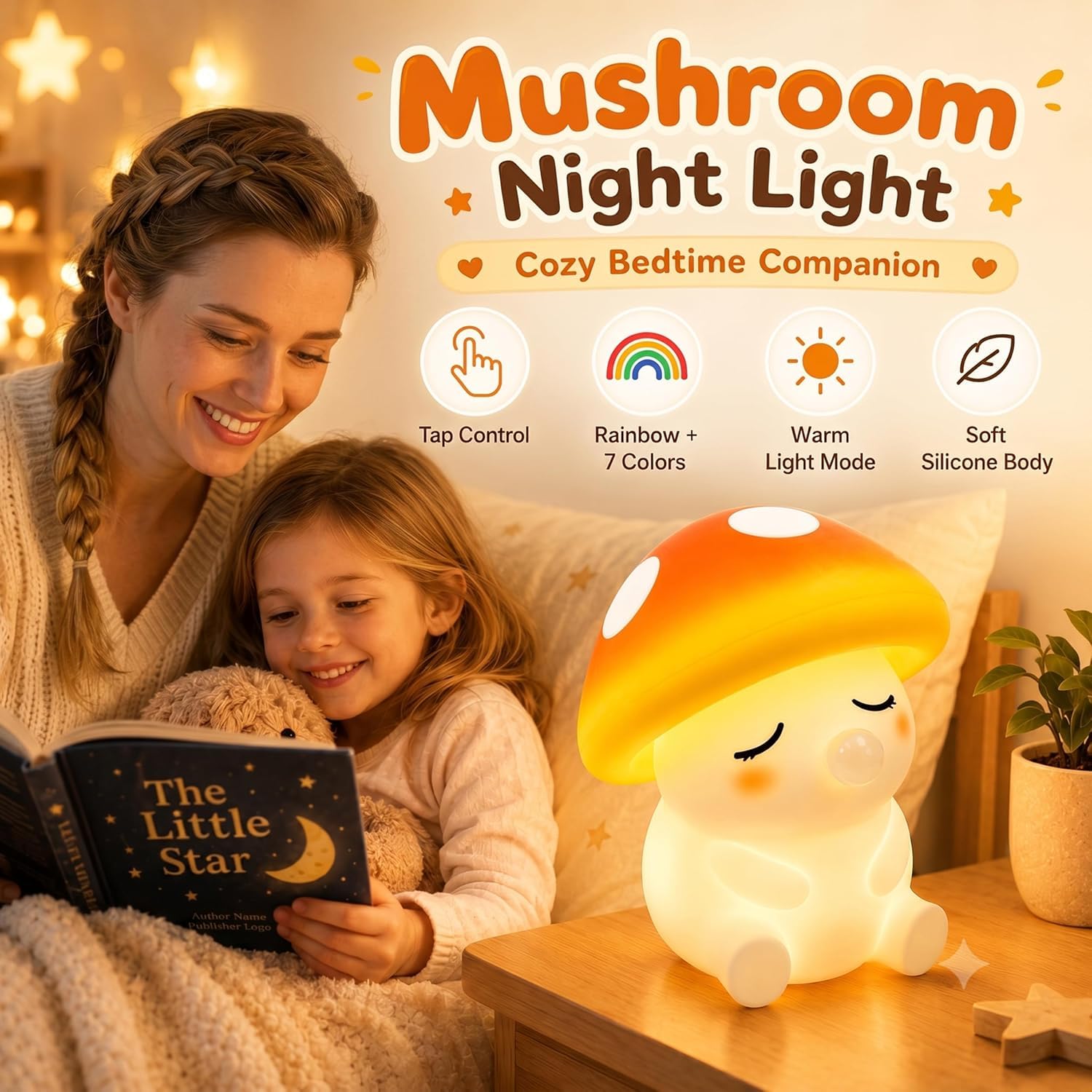 OOWOKS Lampada da notte a forma di fungo in silicone per bambini con comando touch luce bianca calda 3000K e modalità a 7 colori lampada da comodino per neonati dimmerabile lampada LED per bambini