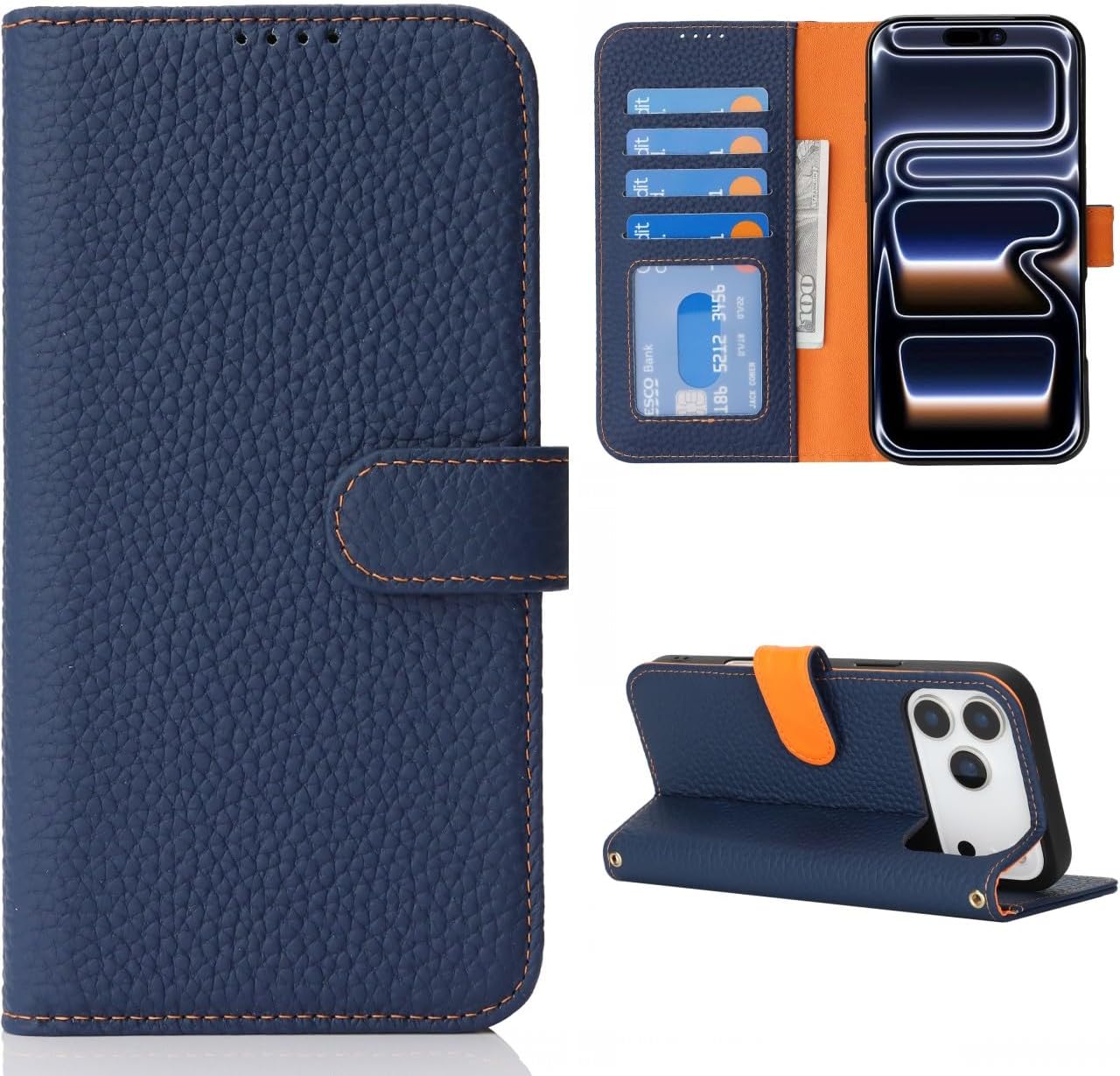 CAVOR Mobile Phone Case Compatible with iPhone 17 Pro Max Case Flip Genuine Leather Wallet Case 4 Card Slots Buckle RFID Blocker Flip Case Mobile Phone Case - Blue + Orange