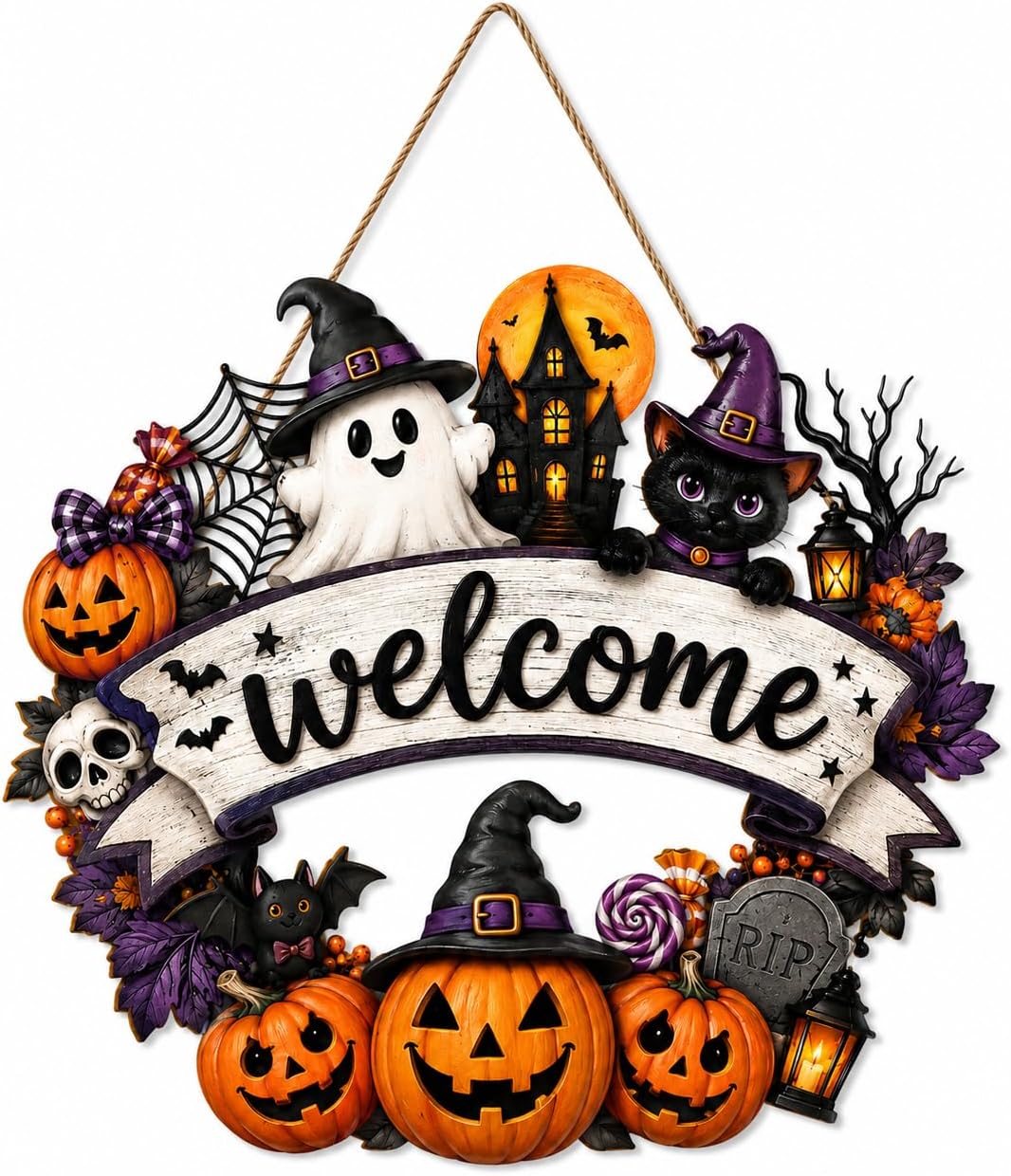 Halloween Door Decoration, Wooden Door Wreath for Front Door Sign Wall Signs, Pumpkin Ghost Bat Black Cat Happy Halloween Sign Hanging for Home Wall Decor Party Outdoor Indoor Supply