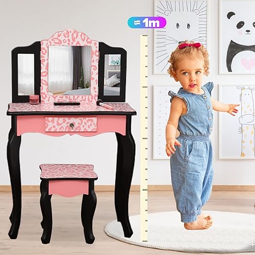 Miniatura 7 de BELANITAS Juego de mesa y silla para niños, juego de tocador para niños con espejo plegable y taburete, juego de tocador de maquillaje y taburete