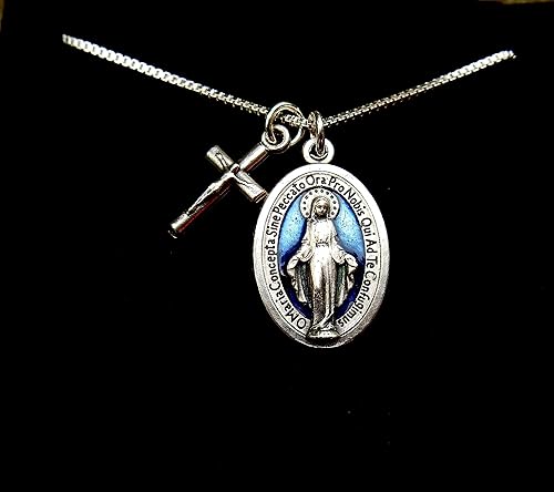 Miniatura 3 de Blue Latin Miraculous Medal, 18" Sterling Silver Box Chain, Our Lady of Grace and Crucifix Charm, Virgin Mary Medallion
