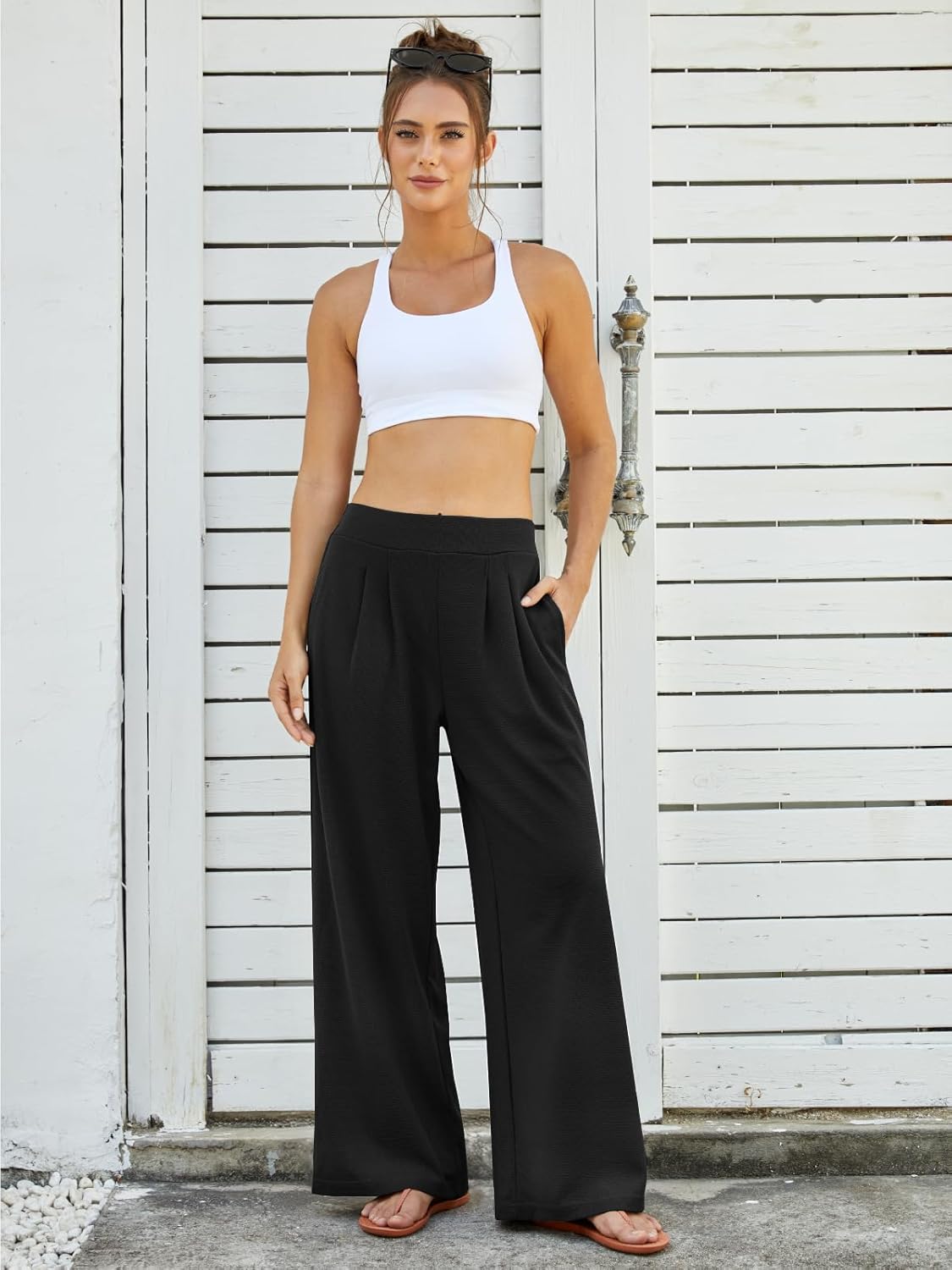 FireSwan Women's Wide Leg Palazzo Pants High Elastic Waist Casual Work Pants Flowy Dress Trousers with Pockets - Image 3