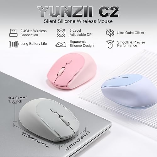 Miniatura 2 de YUNZII C2 - Mouse inalámbrico para juegos, 2.4 GHz, lindo mouse inalámbrico de silicona sin ruido, clics silenciosos, 3 DPI ajustables, seguimiento