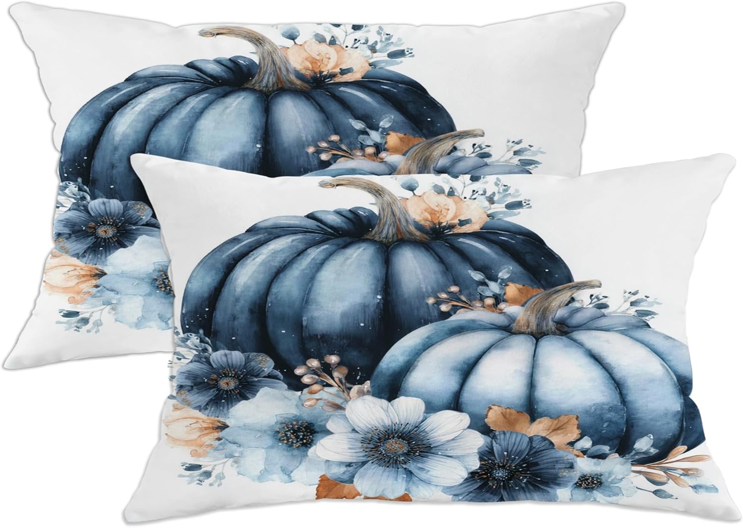 Autumn Pumpkin Throw Pillow Covers Set of 2, Blue Floral Decorative Cushion Covers for Fall Harvest Home Decor, Perfect for Sofa Couch Bed 28x28 Inch