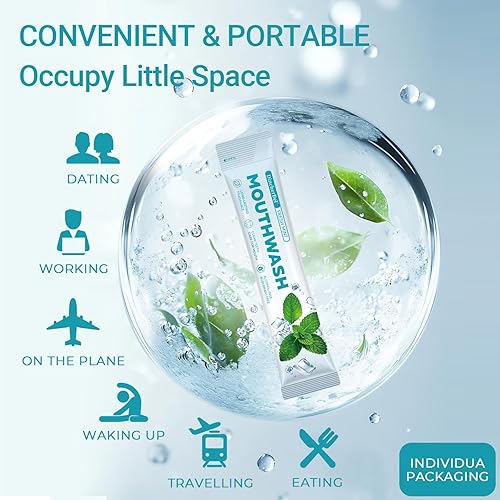 Miniatura 8 de Tiras de enjuague bucal de menta sin alcohol ni flúor, 60 paquetes portátiles envueltos individualmente para adultos, tiras con sabor a menta Fresh