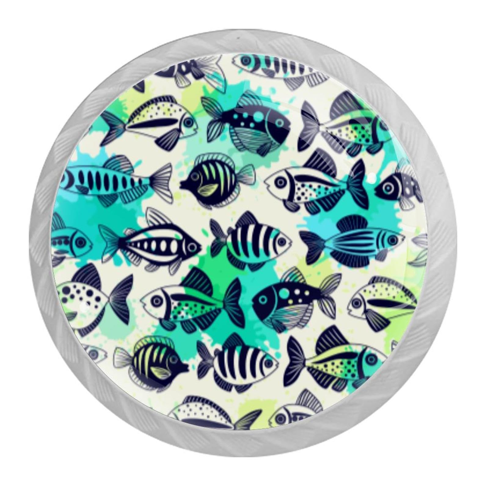 Tqmspg Multi19 4 Pieces Drawer Pulls Fish Doodle Prints Door Knobs Dresser Handles For Kitchen Wardrobe Cupboard Hardware Furniture