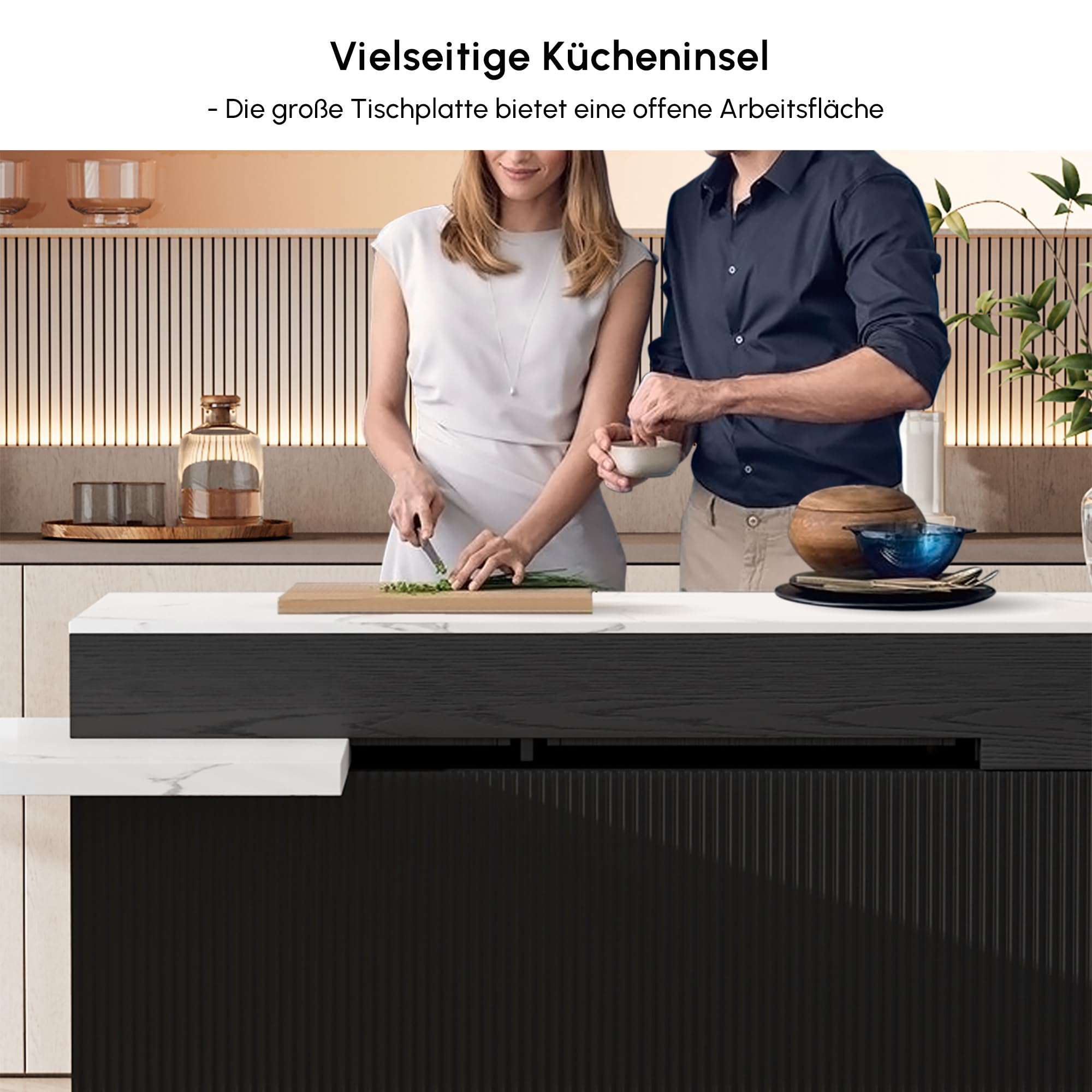 Homary Ausziehbarer Kücheninsel Freistehend Schwarze mit Stauraum und Sinterstein Arbeitsplatte, Umwandelbarer Esstisch für Küche und Esszimmer, 205-268cm x 90cm