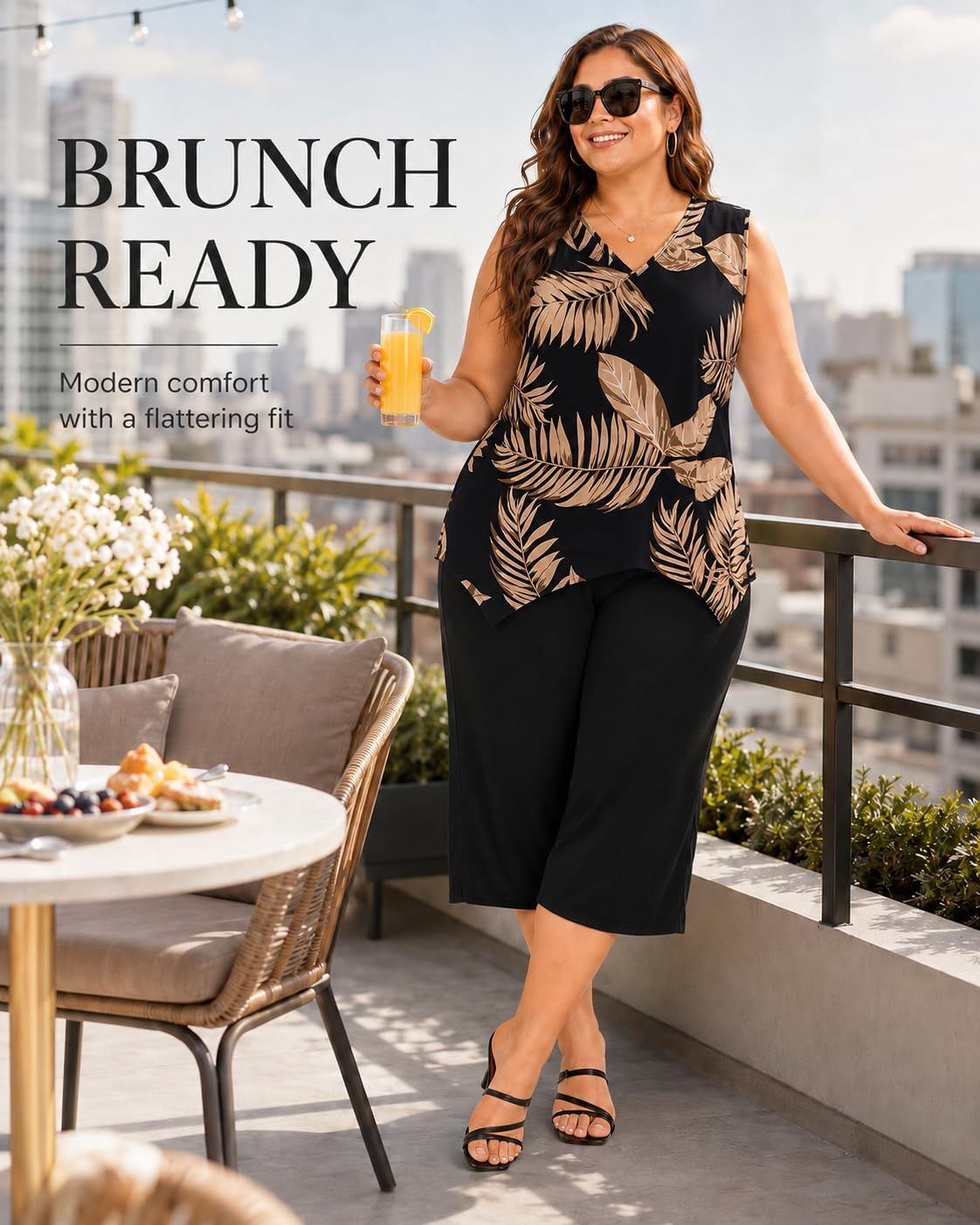 WILDPARTY Plus Size 2 Piece Outfits for Women Sleeveless Floral Top and Capri Pants Set Casual Summer Matching