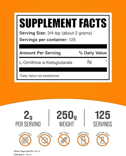 Miniatura 2 de BulkSupplements. com L-ornitina alfa-cetoglutarato en polvo - OKG en polvo, suplemento de óxido nítrico, suplemento de ornitina - Sin gluten, 0.07