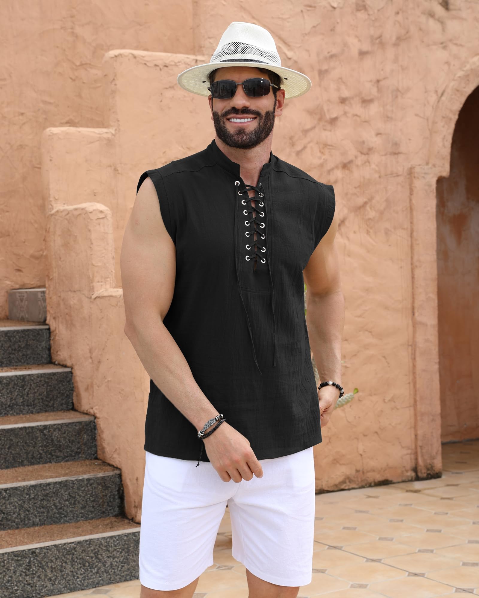 NANAMEEI Camicia da uomo in lino, senza maniche, da spiaggia, estiva, medievale, stile vichingo, con lacci, rinascimentale, viktorian steampunk