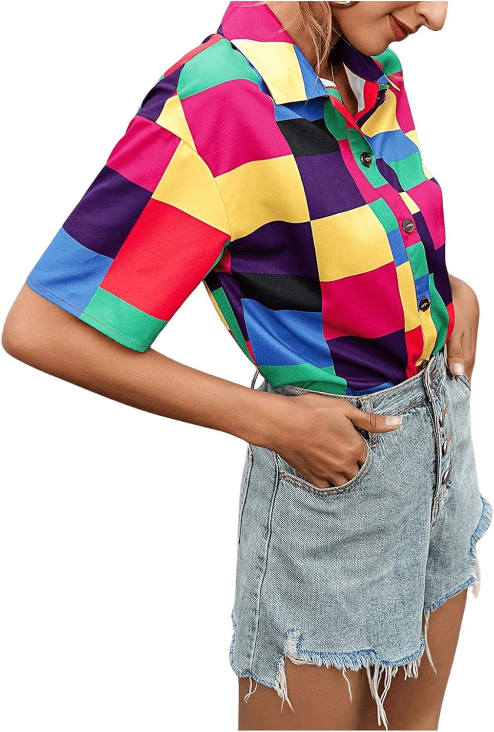 Milumia Women Color Block Button Down Shirts Short Sleeve 80s Blouse Top