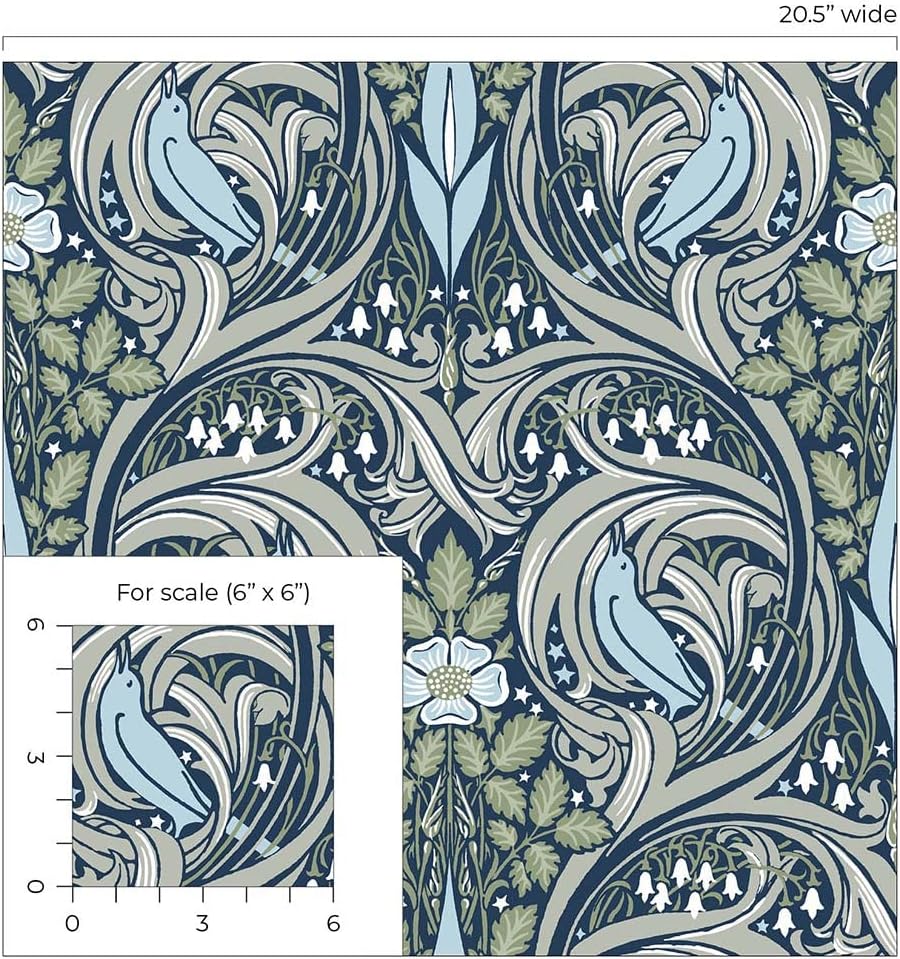 NextWall Bird Ogee Peel and Stick Wallpaper (Navy & Fern Green)