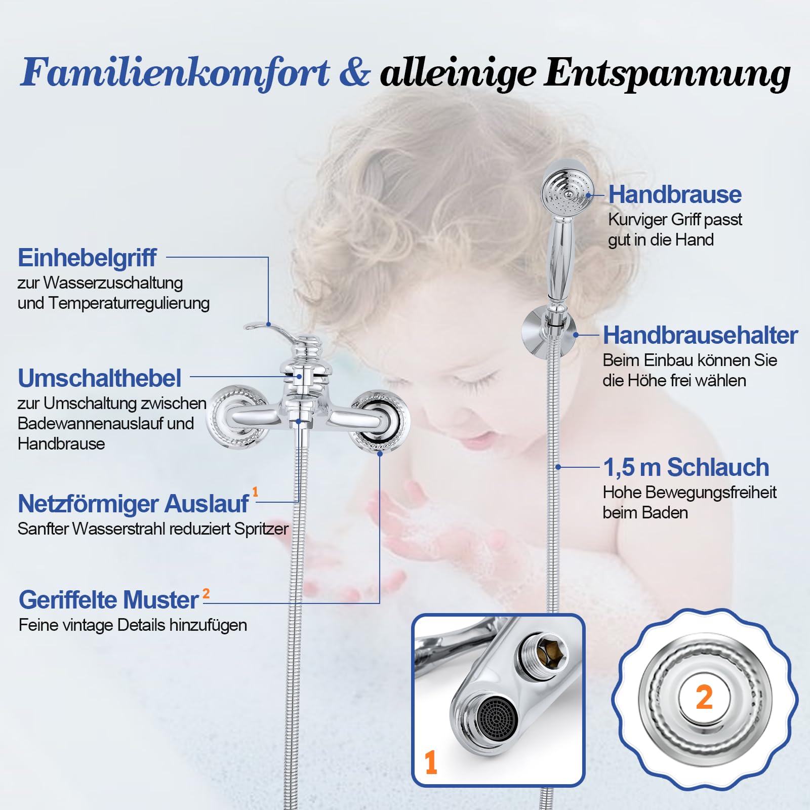 Badewannenarmatur mit Handbrause, Retro Messing Mischbatterie Badewanne Einhebelmischer mit Schlauch und Wandhalterung, Wandmontage Bad Armatur Dusche Antik Wannenarmatur für Badezimmer, Chrom