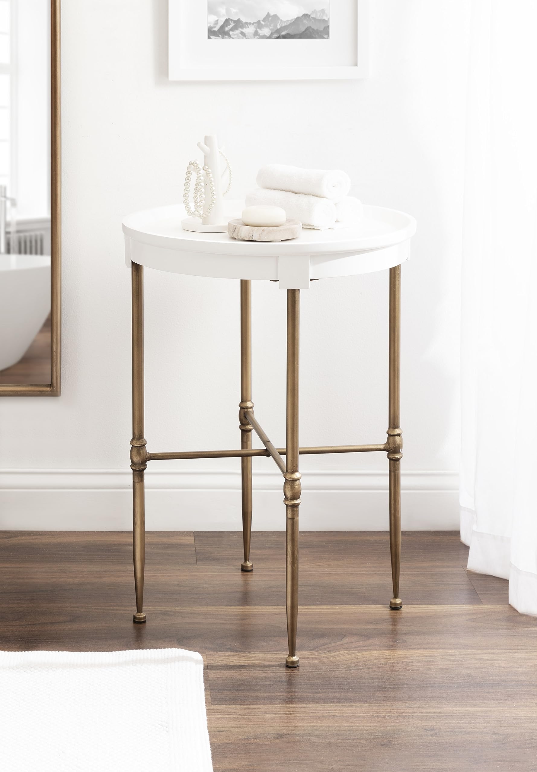 Kate and Laurel Valdi Modern Round Side Table; 19 x 26; White and Antique Gold; Glam Circle End Table with Geometric Metal Base and Raised Edge Tabletop