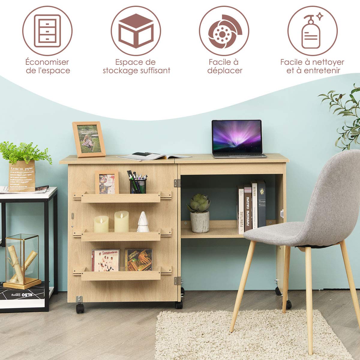 GOPLUS Meuble Couture Pliante,Table Couture avec 3 Étagères et 1 Plateau Machine à Coudre,2 en 1 Bureau Pliable avec 4 Roues, Bois Armoire Peu Encombrante pour Retoucherie,Salon,117x40x74CM,Brun Clair