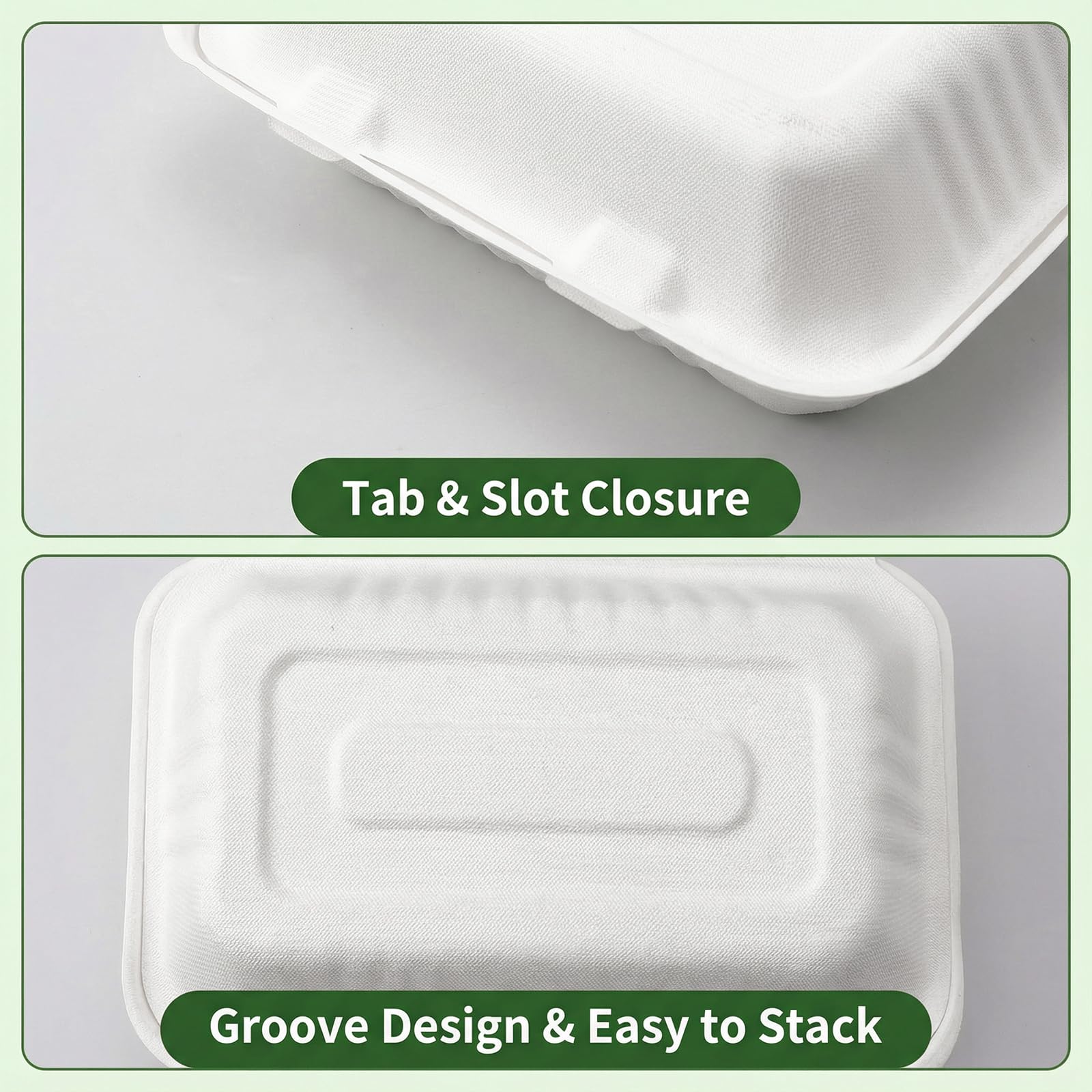 Elsjoy 90 Stück Clamshell Take Out Container, 2 Menübox Einweg 2-geteilt rechteckiger,Weiße lunchboxen mit klappdeckel ideal,Einweg To Go Boxen Zuckerrohr Verpackungen