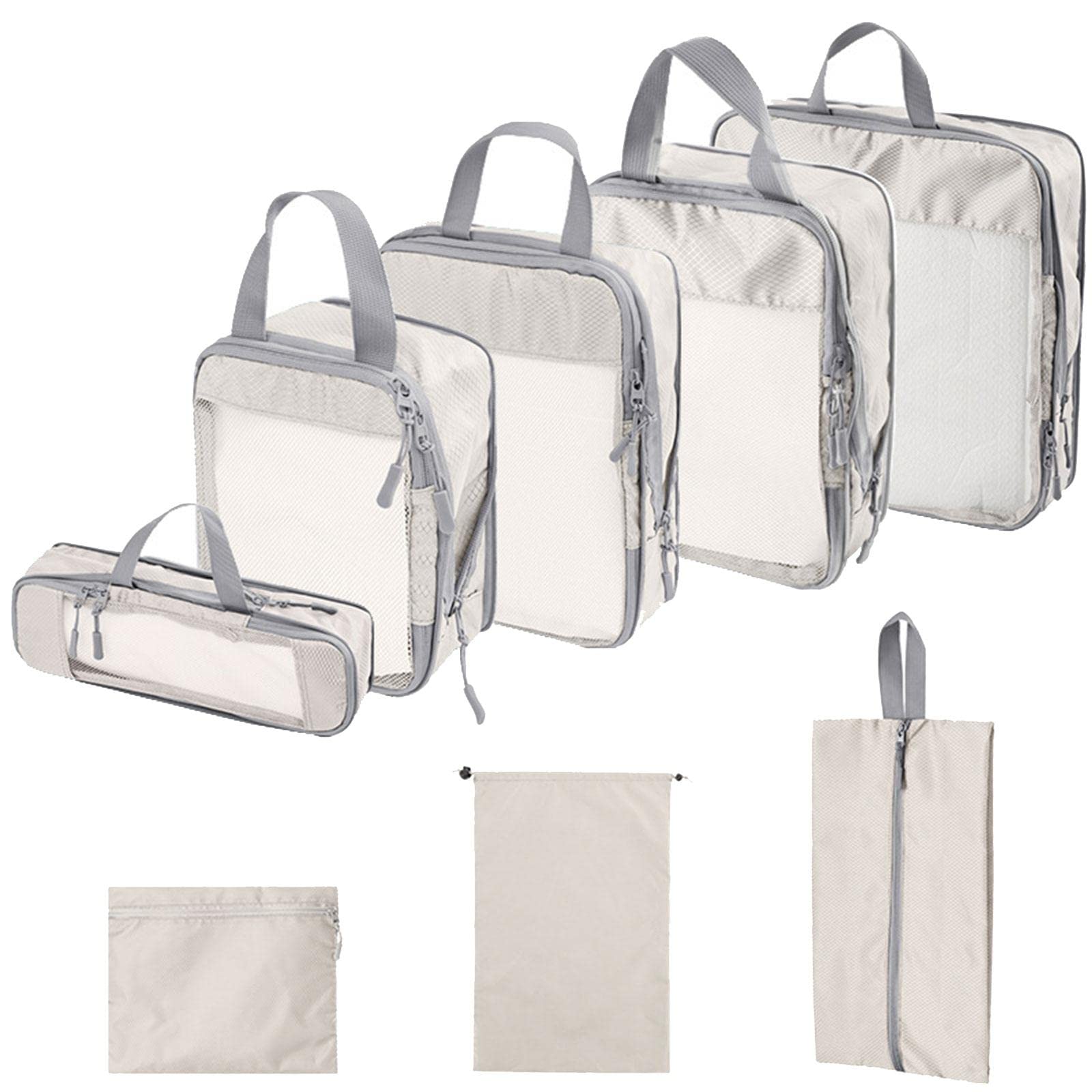 8 Tragbare Packwürfel Aus Polyester, Gepäckbeutel Aus Netzgewebe, Reisegepäck Organizer, Wäschebeutel für Geschäftsreisen, Outdoor Camping, Beige