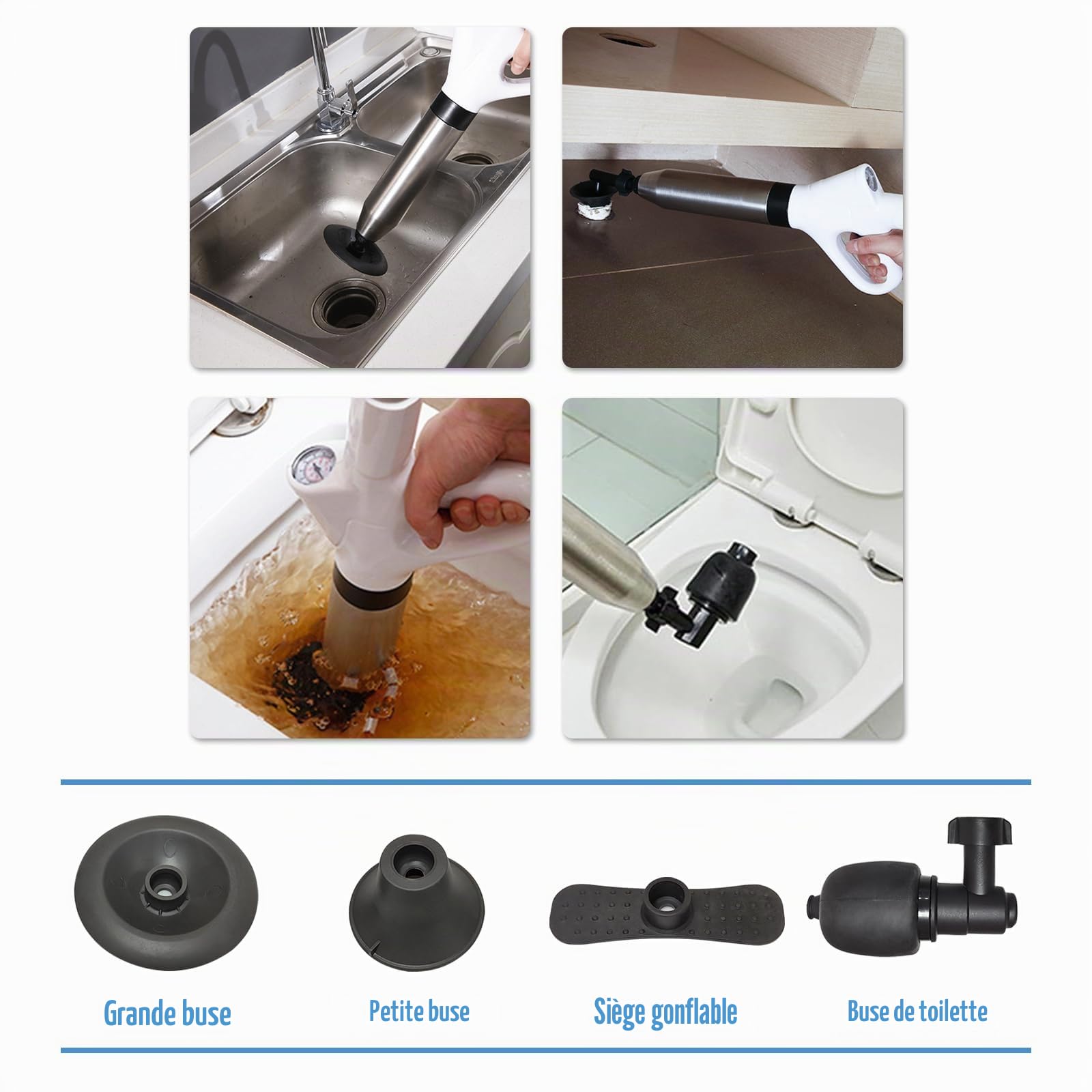 Déboucheur de Toilette, Deboucheur Canalisation Haute Pression avec Baromètre, Ventouse Deboucheur WC avec 4 Têtes Remplaçables pour Déboucher les Toilettes, Lavabo, Baignoire, Drain de Sol