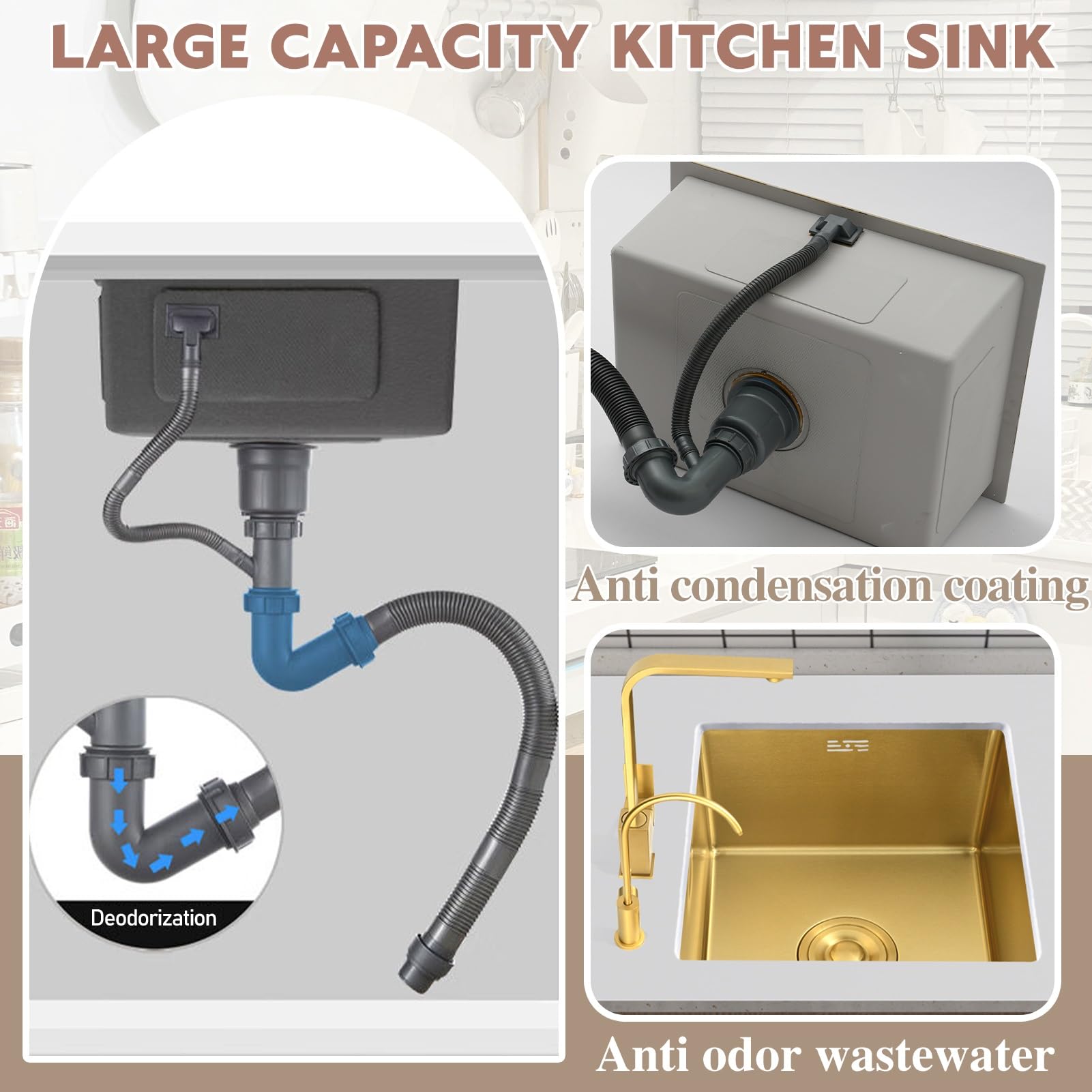 Lavello da Incasso Quadrato in Acciaio Inox, Vasca Singola, lavello Compatto per Piccole cucine, salvaspazio, Superficie con Rivestimento Nano con Kit di Scarico (Oro, 75x45 cm)