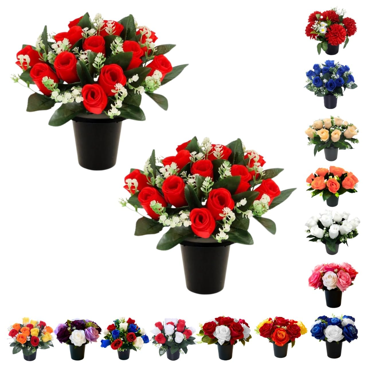 Caliko Set of 2 Grave Flower Pots with Improved Design | Artificial Flowers for Graves in Pots | 12-Head Red Artificial Flowers | Perfect for Cemetery Decor, Christmas Tributes & Memorial Elegance.