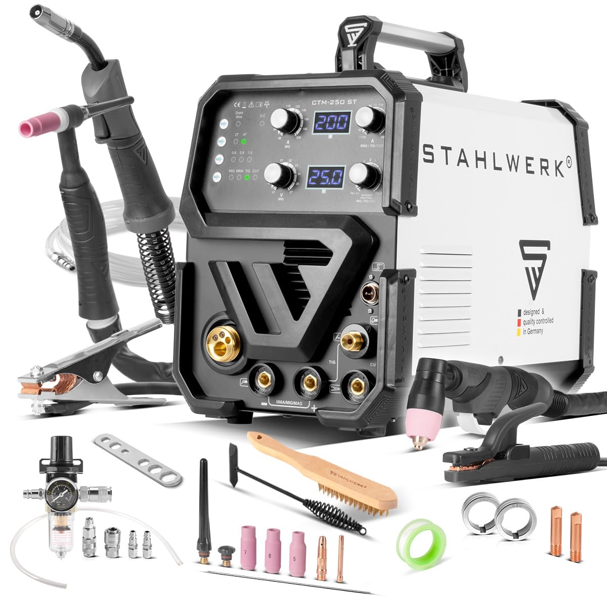STAHLWERK Saldatrice combinata 4 in 1 CTM-​250 ST - compatta, TIG MIG, MAG MMA/​E-​Hand, CUT/​Plasma, 200 A di saldatura e 50 A di taglio al plasma, capacità di taglio fino a 14 mm, parametri regolabili